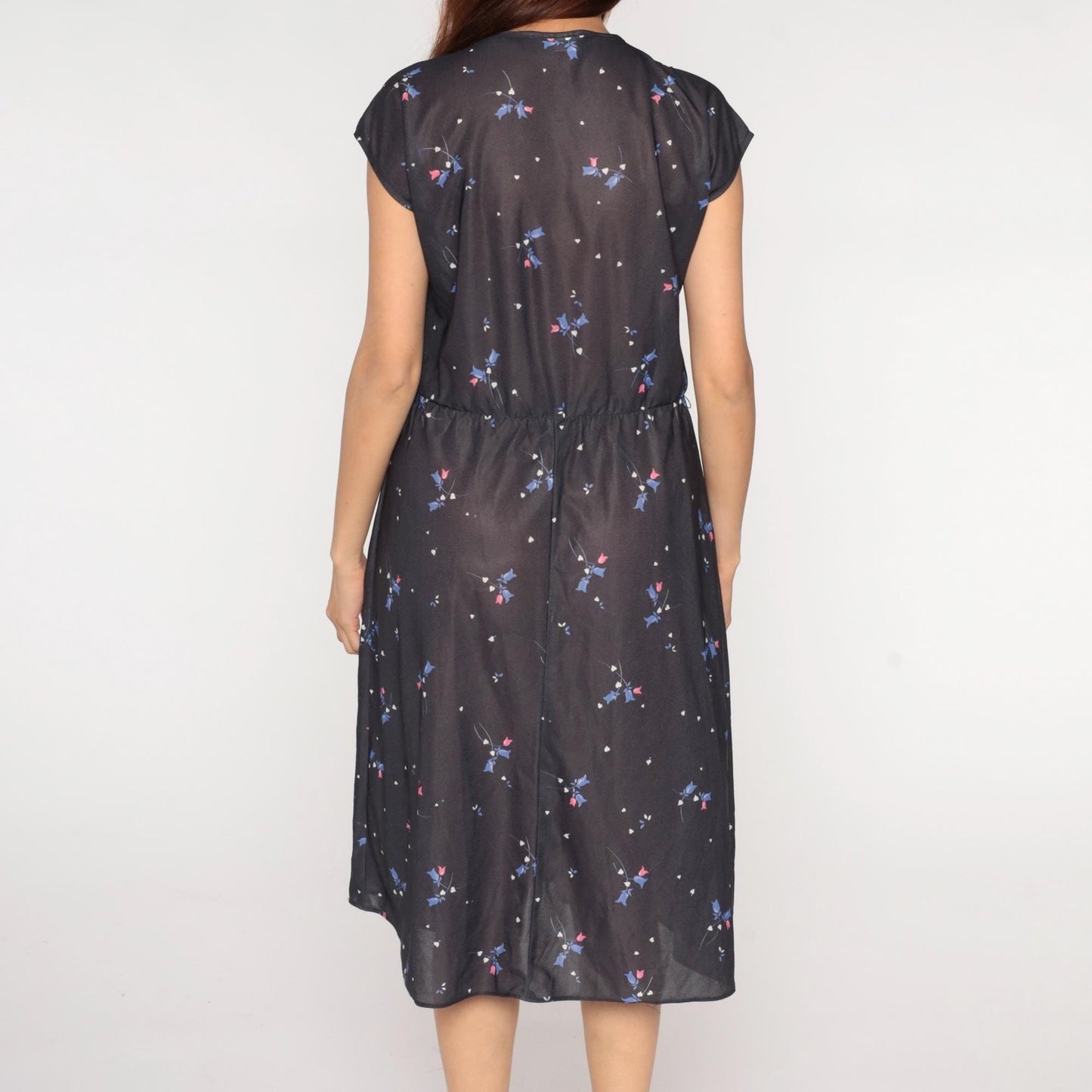 70s Grissom Lane Floral Midi Dress Black Button-Front Empire Waist Large