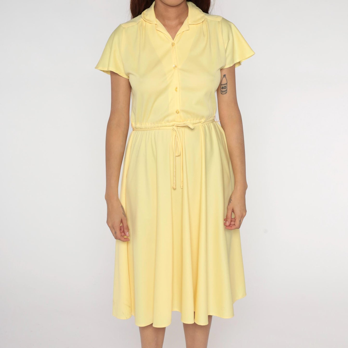 70s Union Made Pale Yellow Shirt Dress Midi Button Front Tie Belt Medium