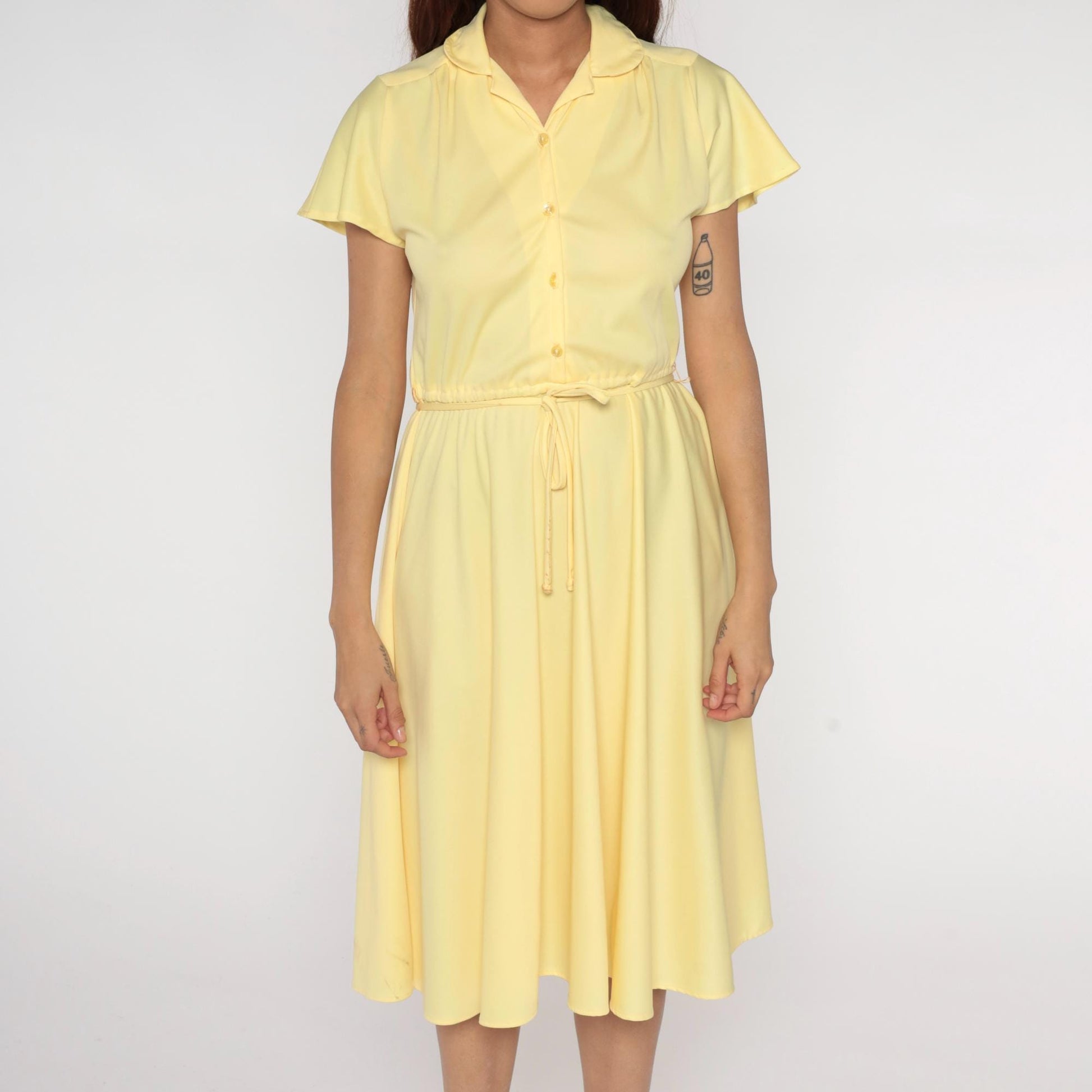 70s Union Made Pale Yellow Shirt Dress Midi Button Front Tie Belt Medium