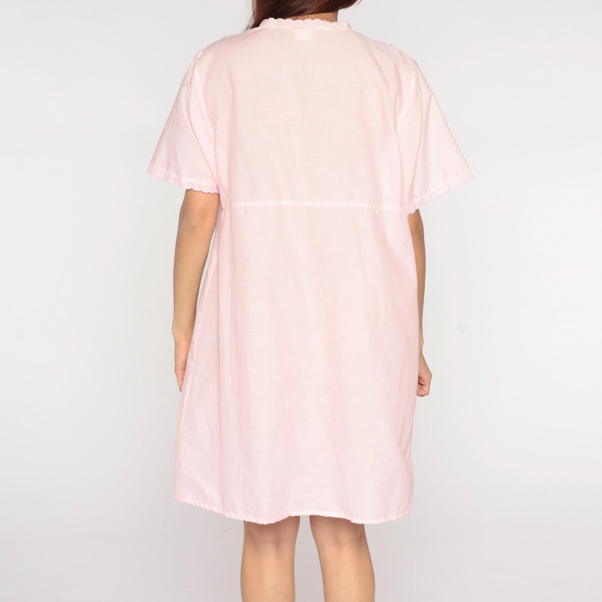 80s Miss Broadway Pink Eyelet Lace Nightgown Button Front Short Sleeve Large