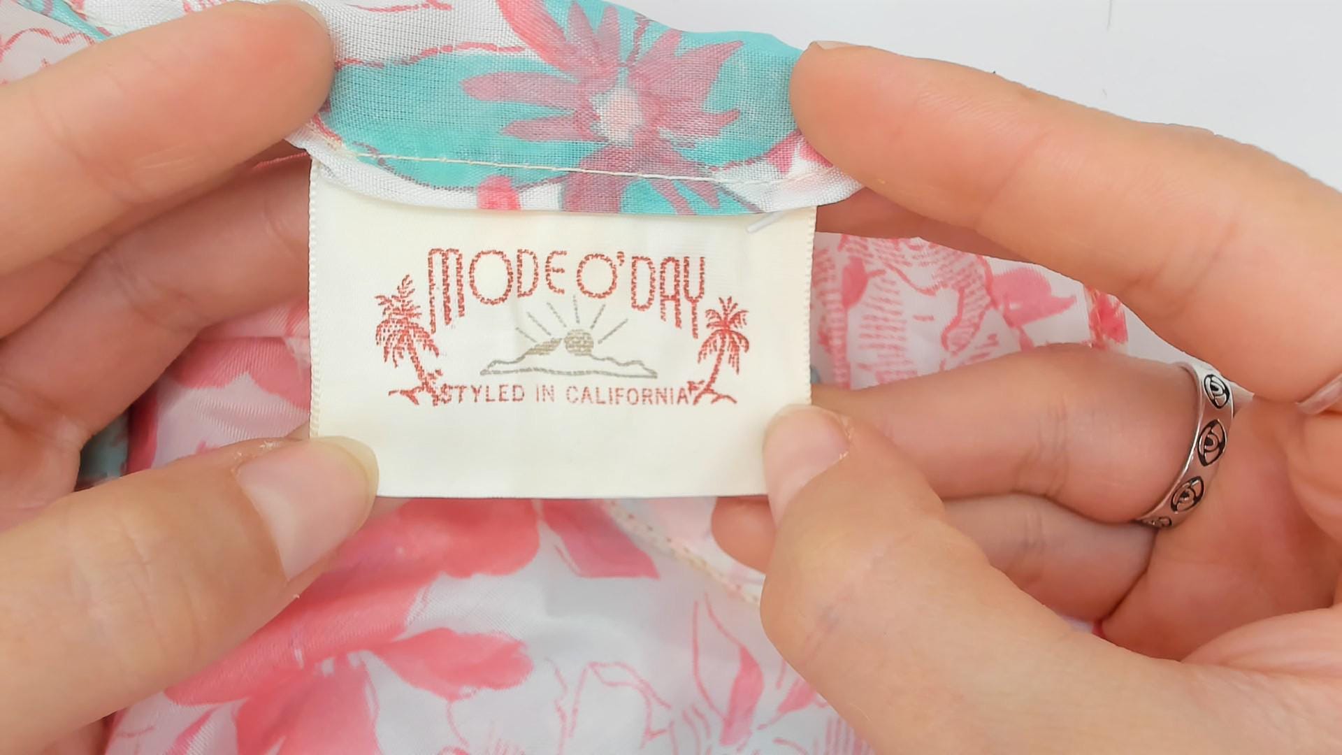 60s Mode O Day Floral Shirt Dress Pink Mint Midi Large L