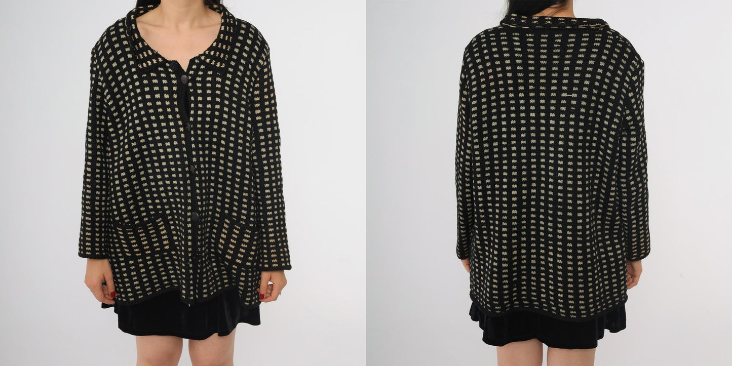 80s Black Cream Check Wool Sweater Coat Collared Cardigan Large L