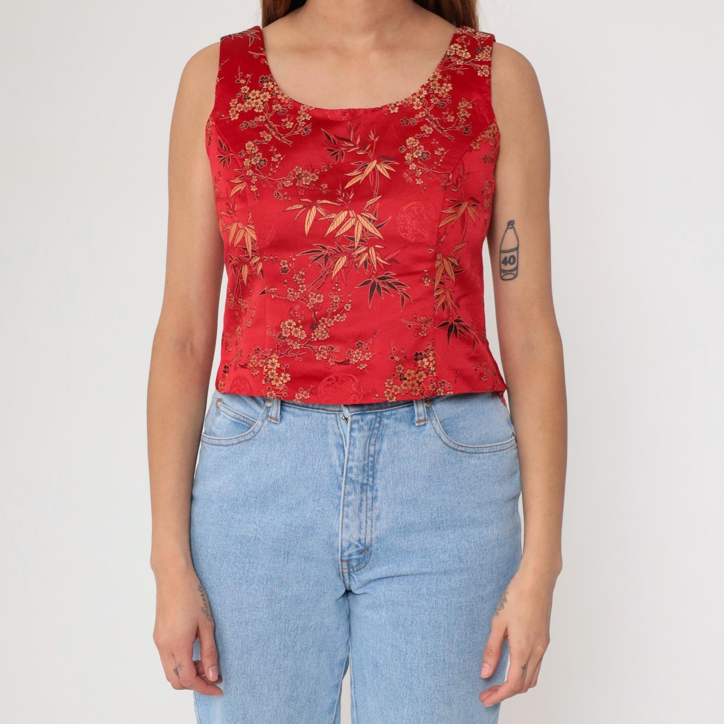 00s Red Satin Crop Top Cherry Blossom Bamboo Print Scoop Neck Small