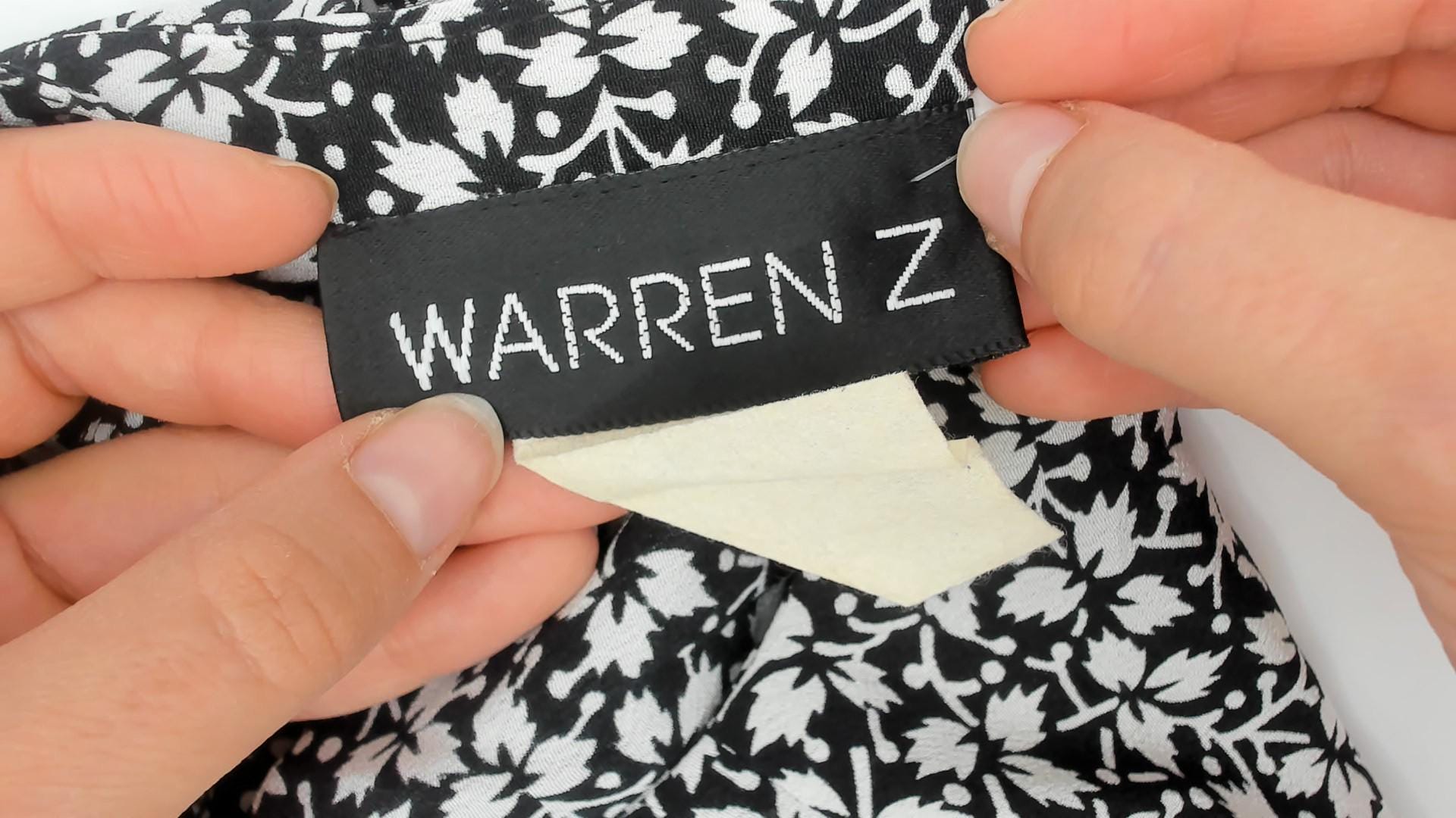 90s Warren Z Black White Leaf Print Midi Dress Fitted Waist Tulip Hem Medium