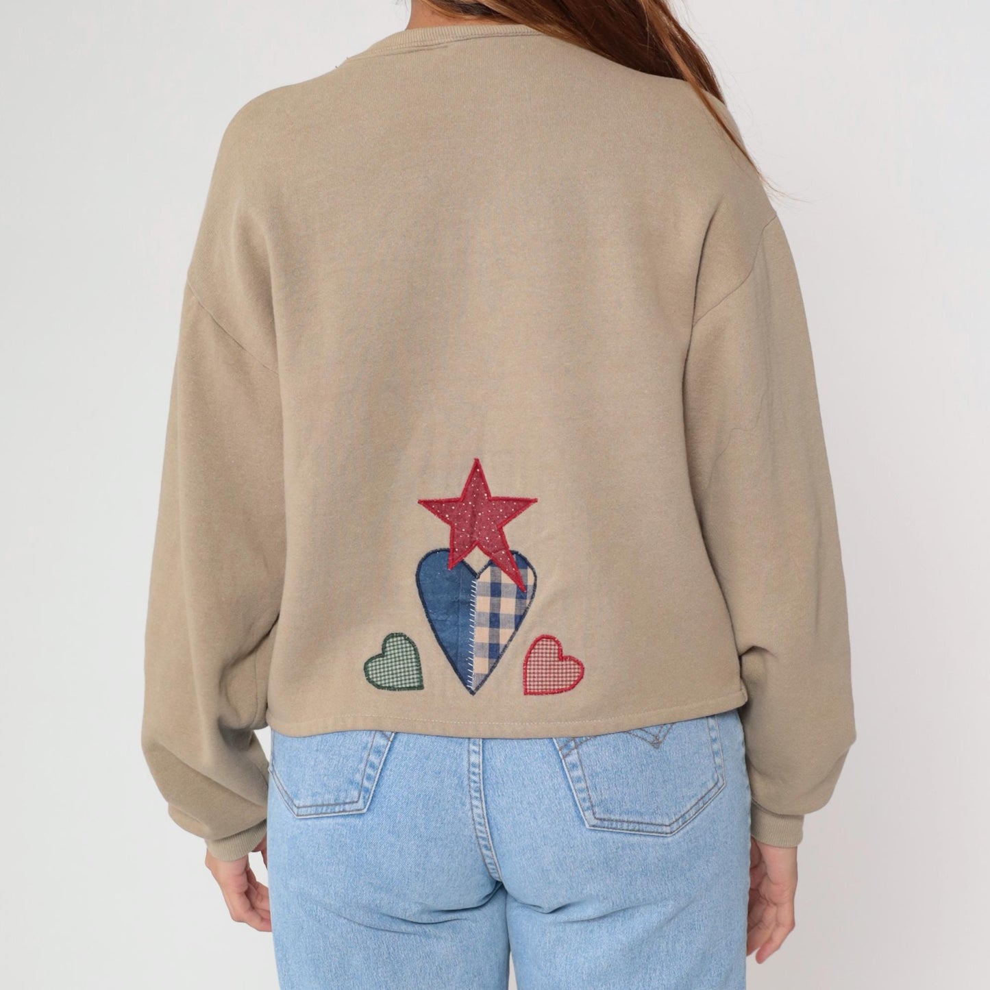 90s Patchwork Heart Applique Cropped Sweatshirt Tan Medium M