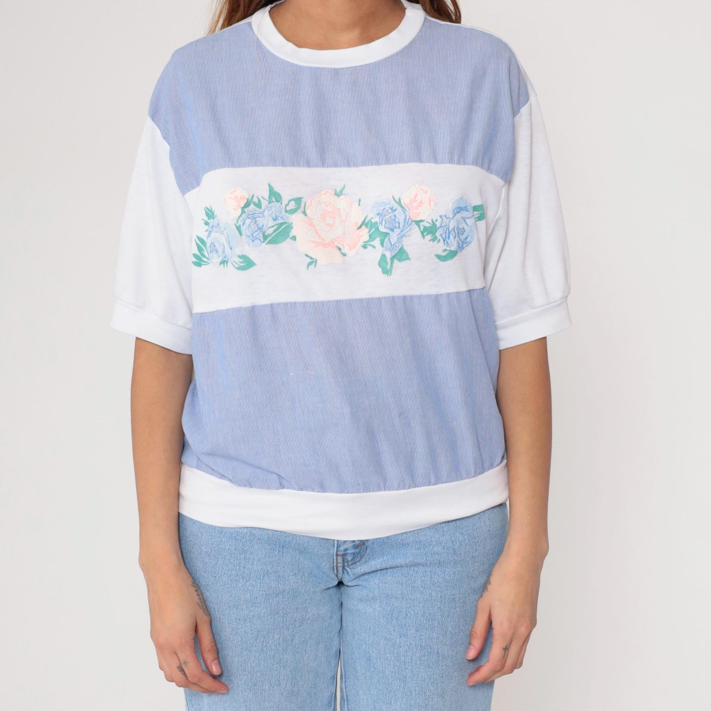 90s Floral Stripe Knit Top White Blue Pink Rose Print Ribbed Medium M