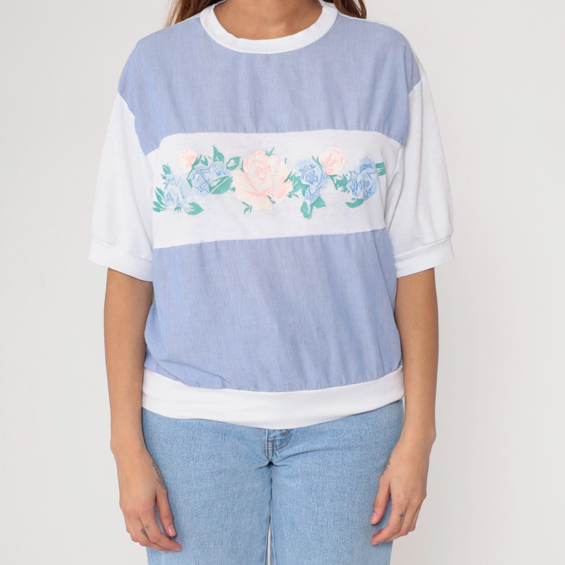 90s Floral Stripe Knit Top White Blue Pink Rose Print Ribbed Medium M