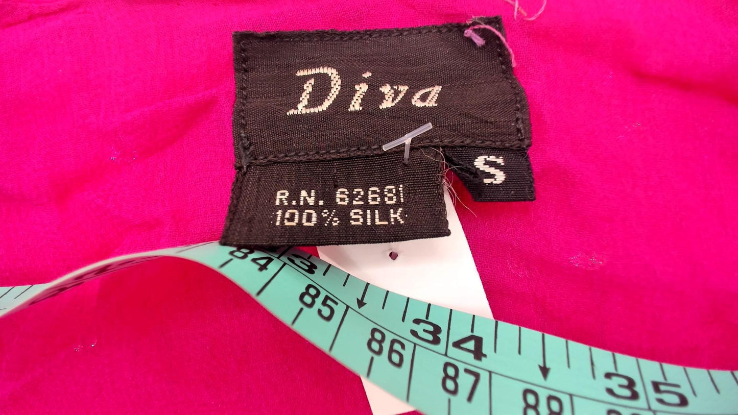 90s Hot Pink Sequin Silk Blouse Iridescent V-Neck Long Sleeve Small