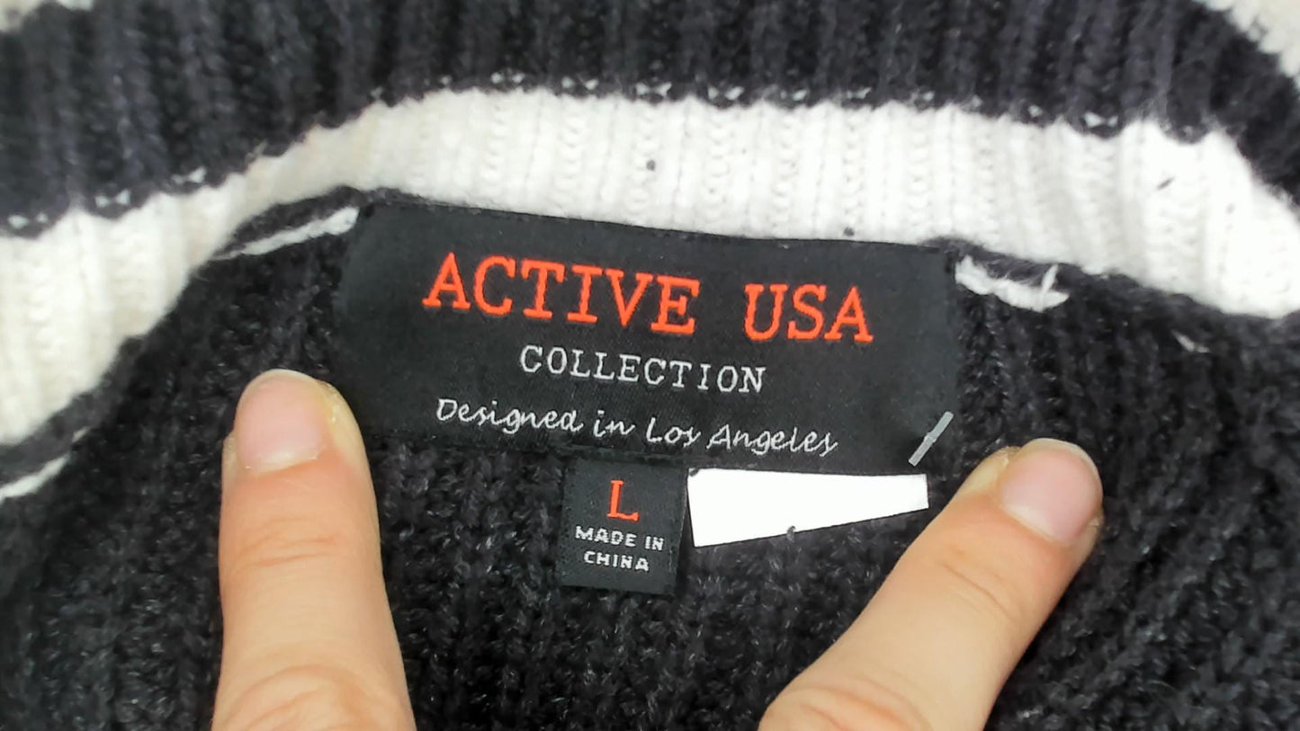 Y2K Black V-Neck Sweater White Trim Rib Knit Pullover Large L