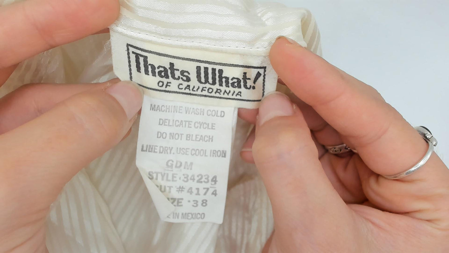 90s That's What! of California Satin Blouse Cream Striped Button Up V Neck Large