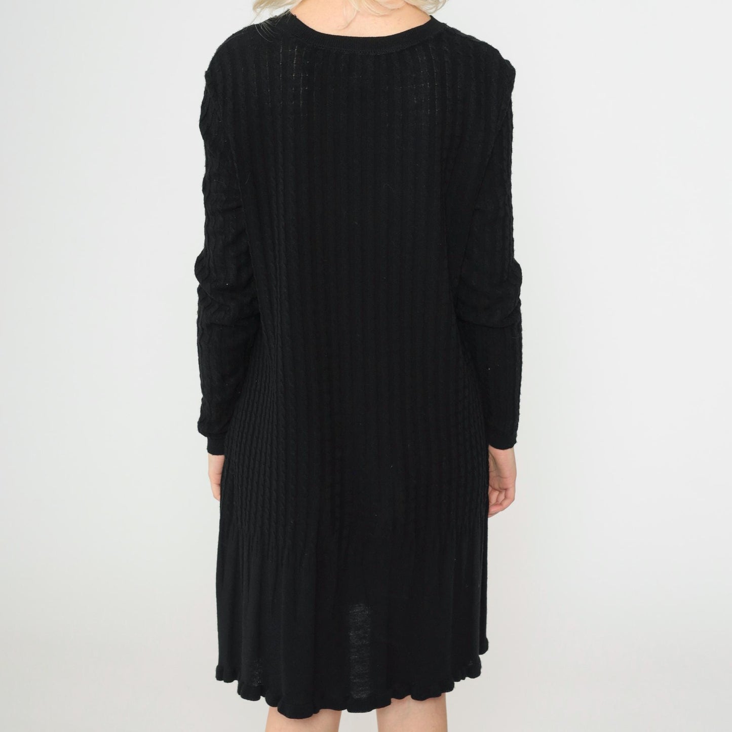 90s K Studio Black Ribbed Knit Sweater Dress Scalloped Hem Large