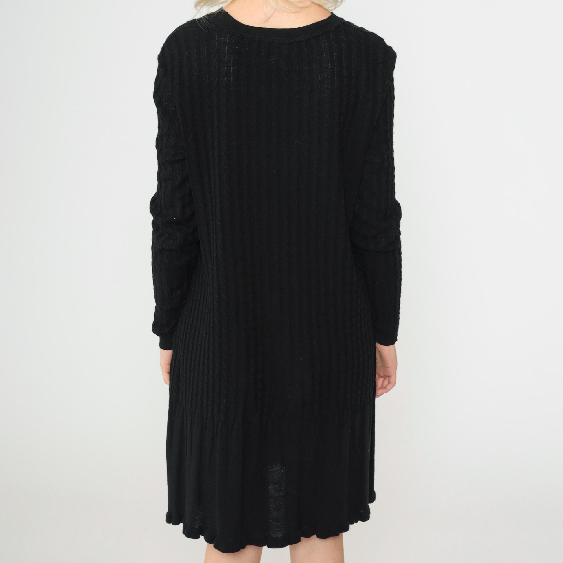 90s K Studio Black Ribbed Knit Sweater Dress Scalloped Hem Large