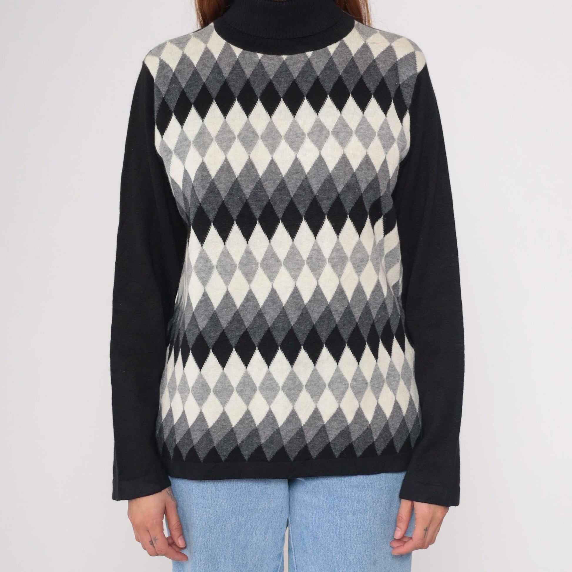Y2K Argyle Turtleneck Sweater Black White Grey Diamond Knit Large L