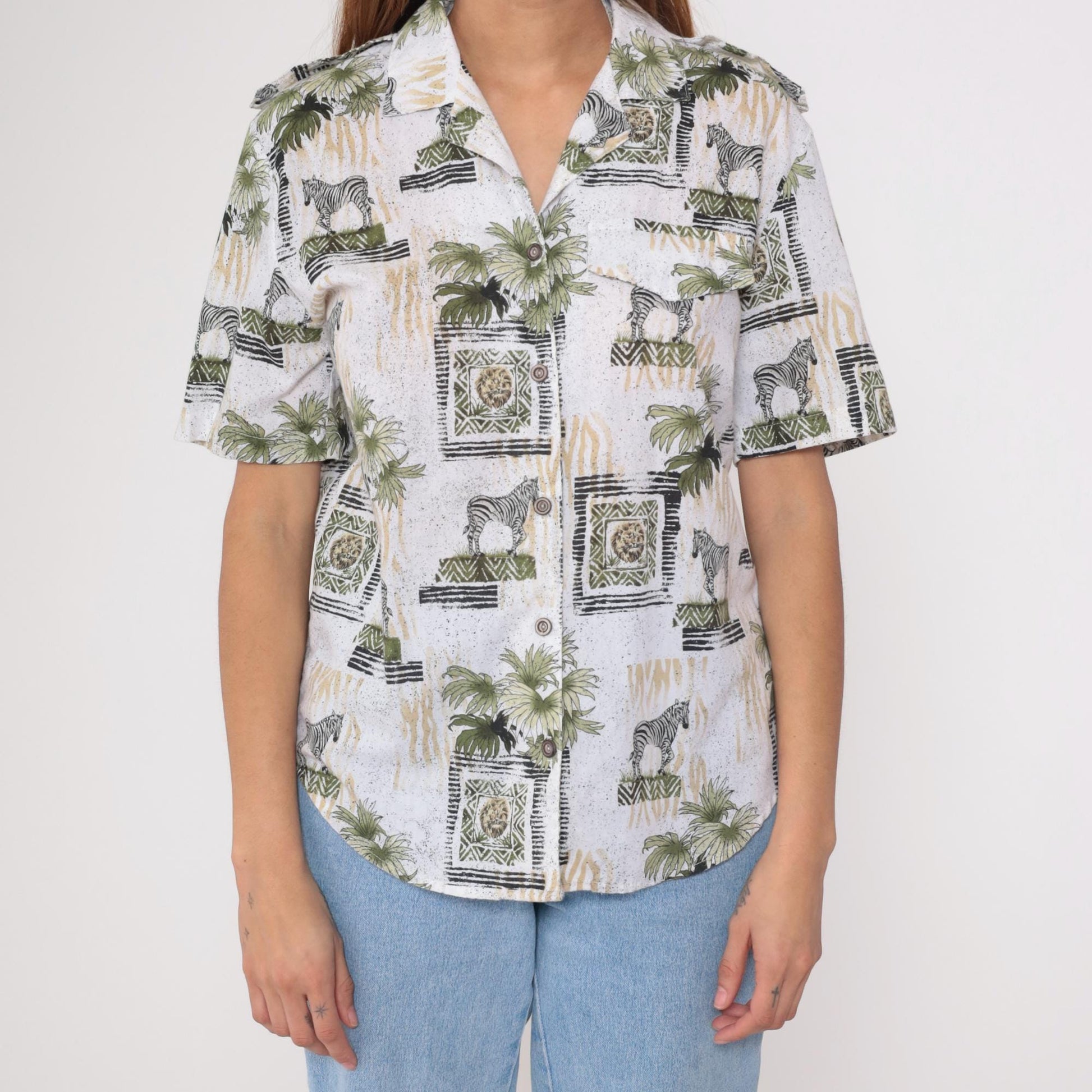 90s Safari Animal Print Button Down Shirt Zebra Lion Palm White Small