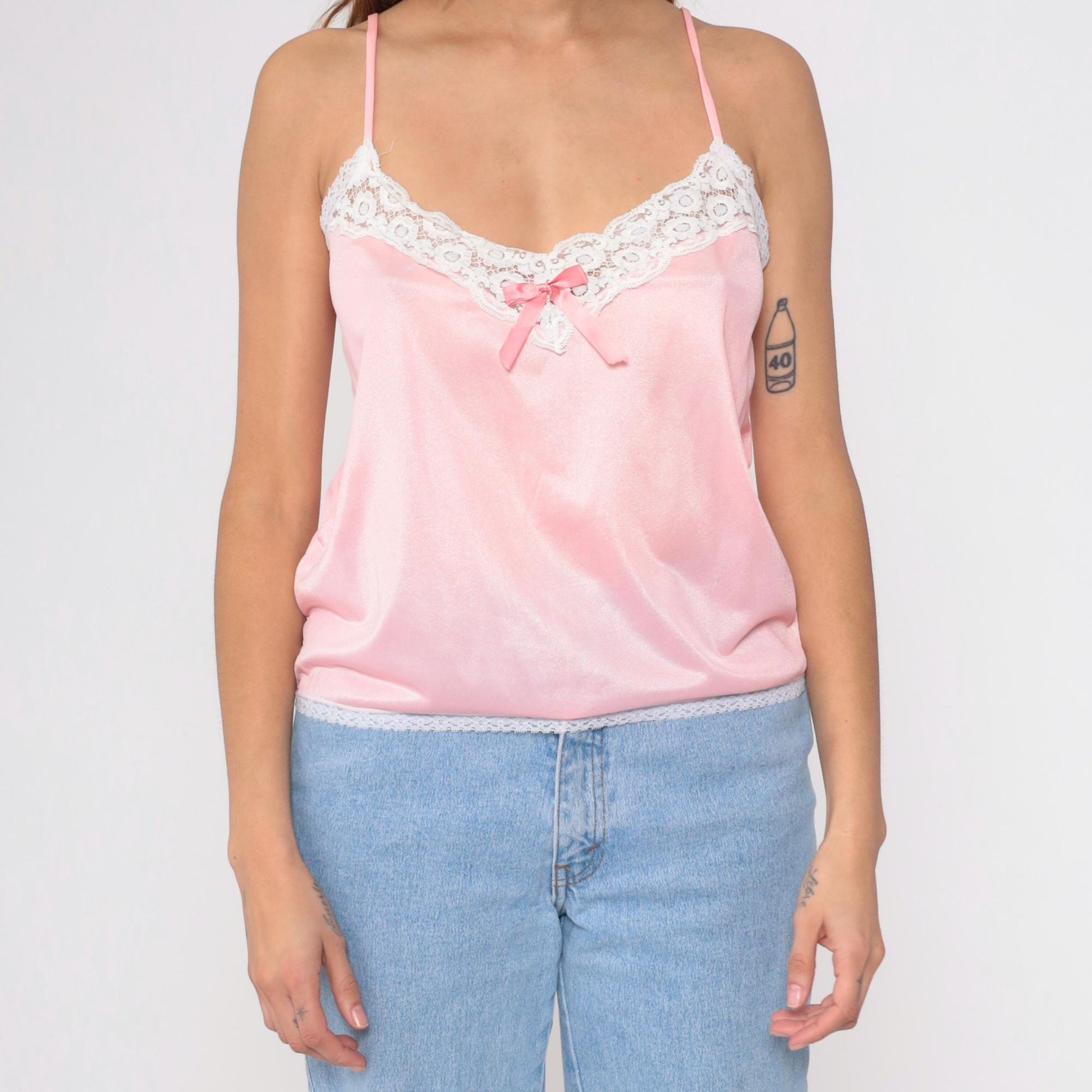 80s Pink Satin Camisole Nylon Lace Trim Bow Tank Medium