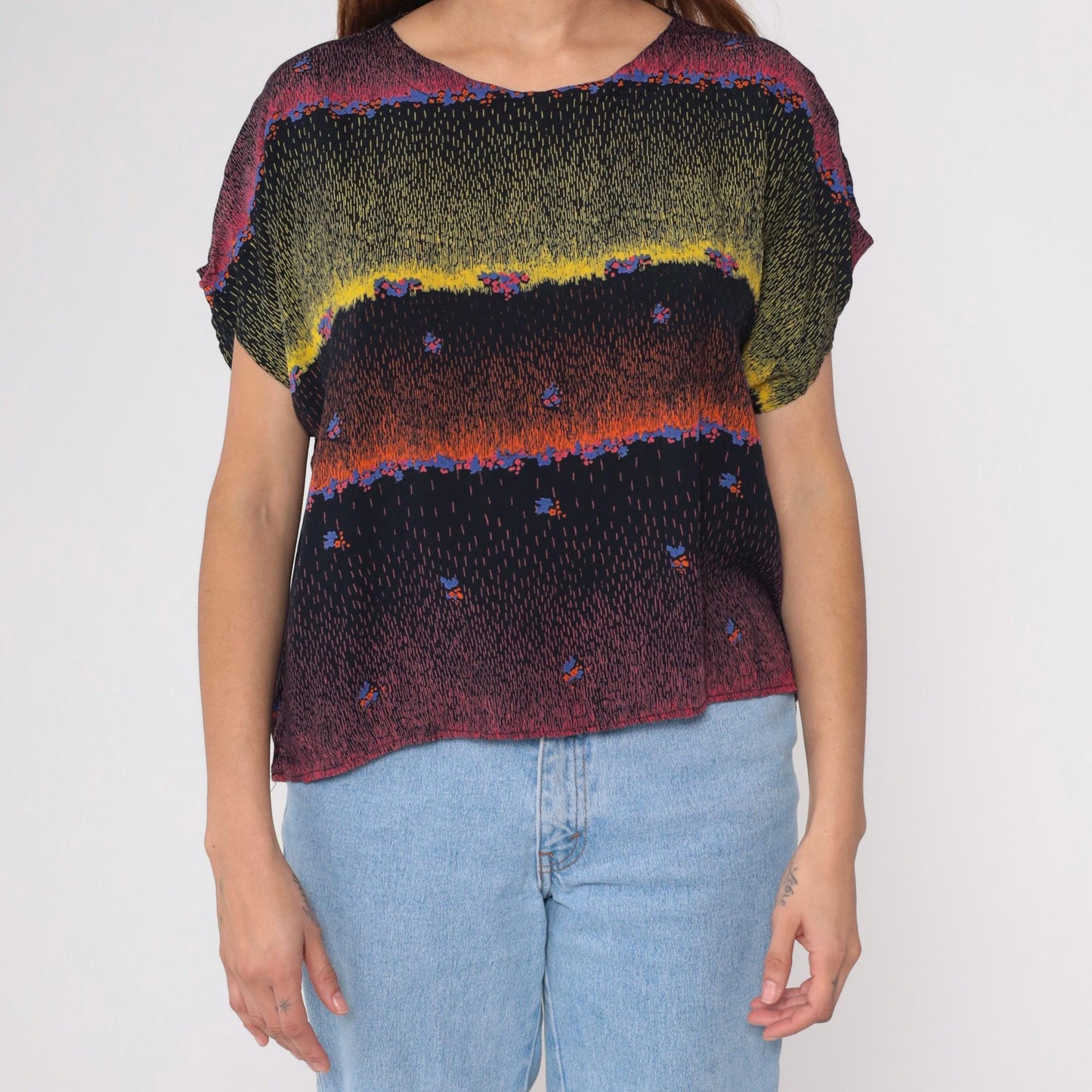 90s Abstract Multicolor Rayon Blouse Short Dolman Sleeves Small Medium