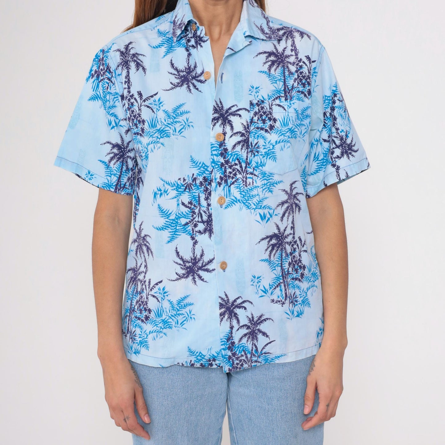 70s Tropicana Hawaiian Shirt Blue Palm Tree Fern Camp Collar Medium
