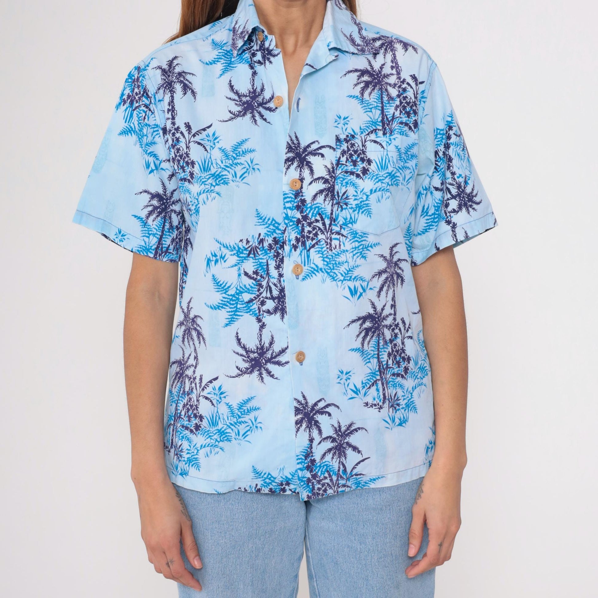 70s Tropicana Hawaiian Shirt Blue Palm Tree Fern Camp Collar Medium