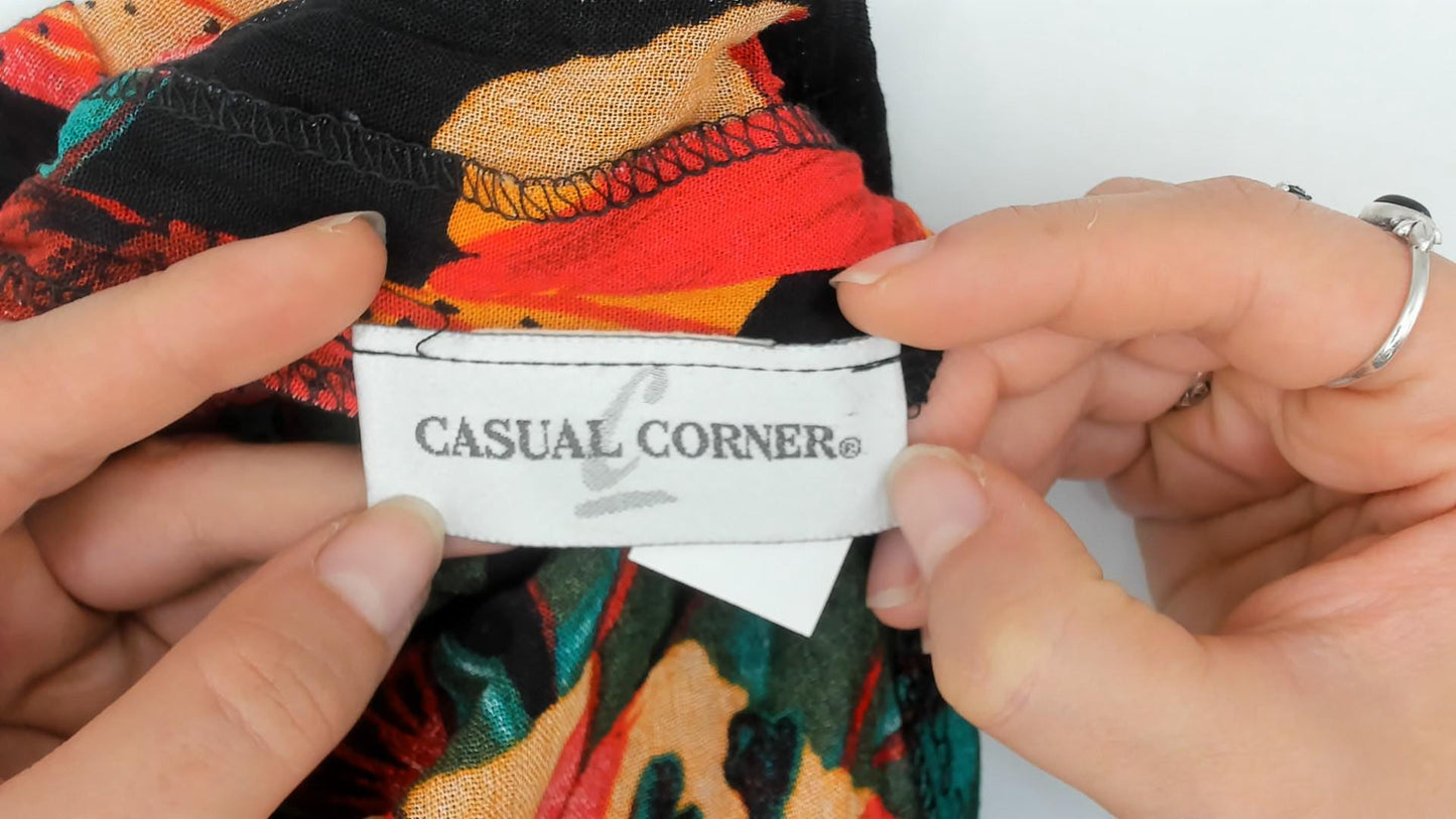 90s Casual Corner Tropical Floral Midi Wrap Dress Black Red Orange Green Medium