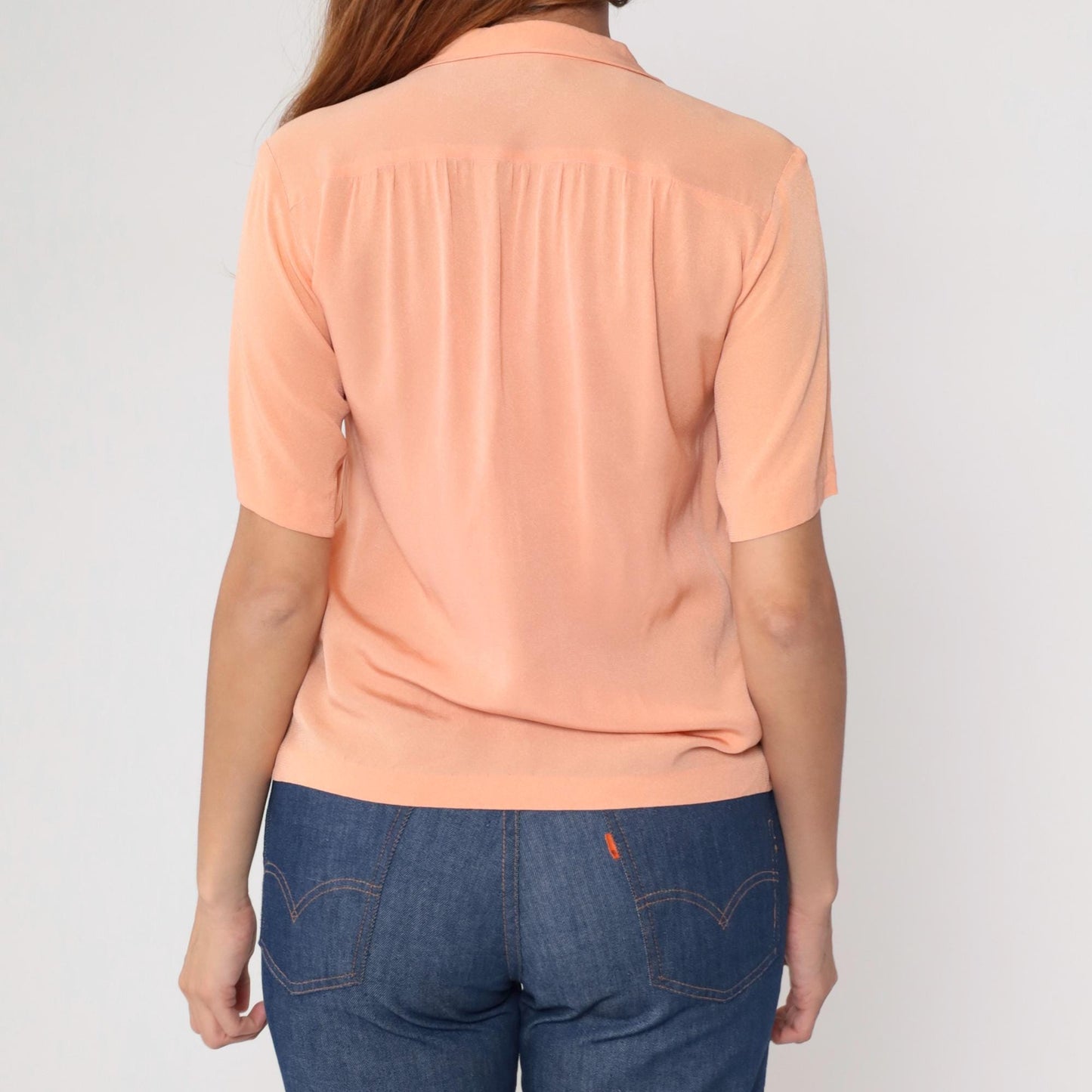 50s Peach Button-Down Blouse Rayon Blend V-Neck Short Sleeve Small