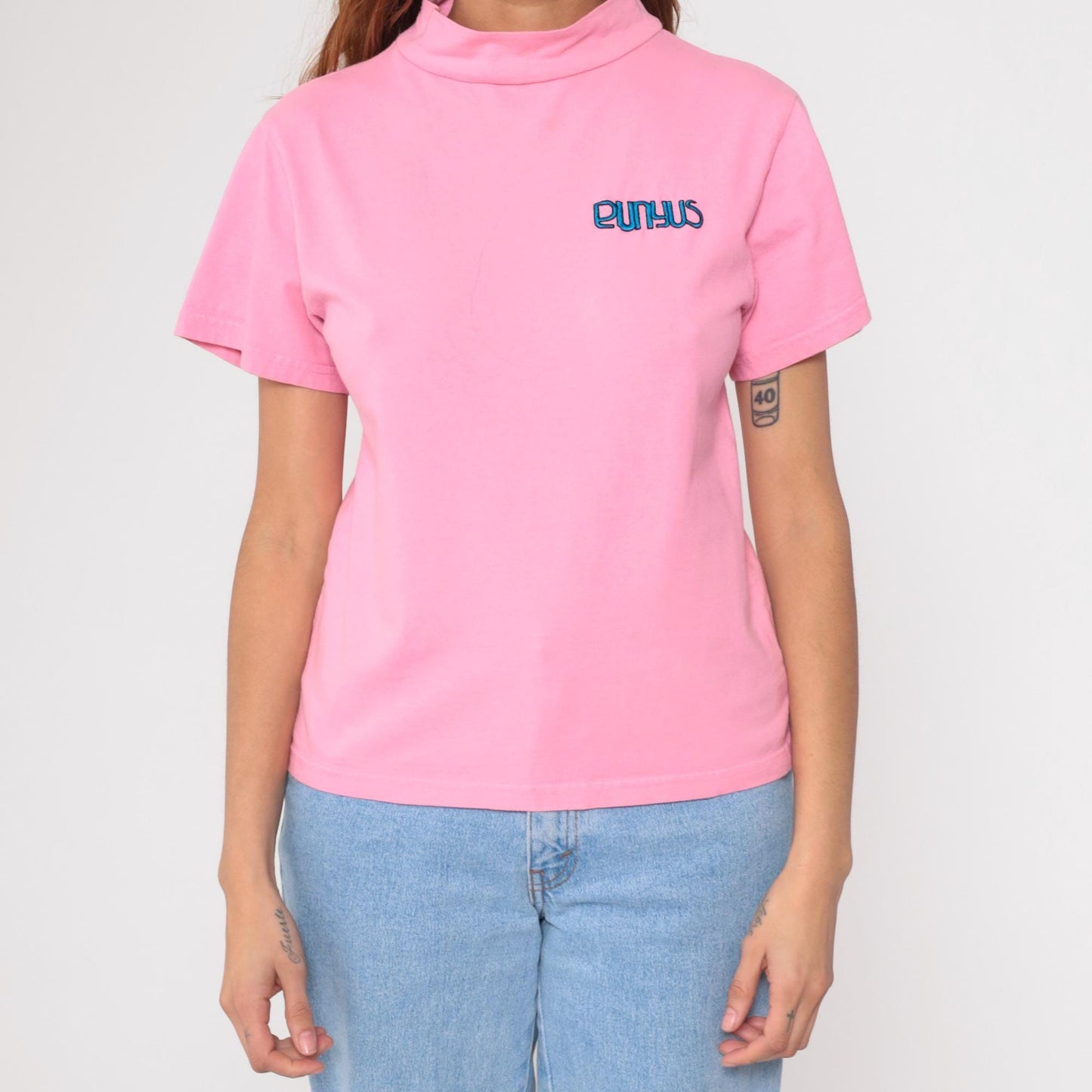 90s Punyus Y2K Pink Cotton Mock Neck Tee Japanese Brand Medium M