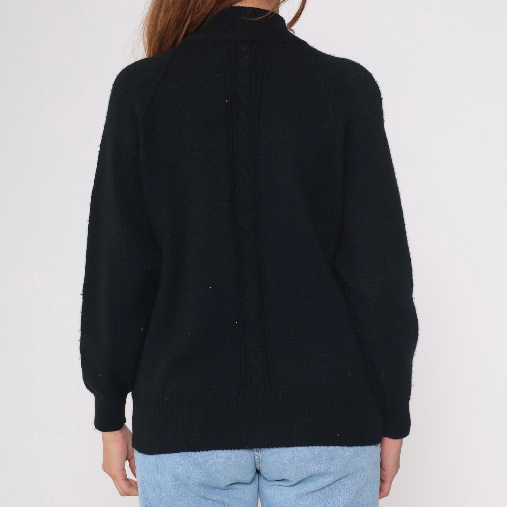 90s Liz Claiborne Black Merino Wool Mock Neck Sweater Cable Knit Small S