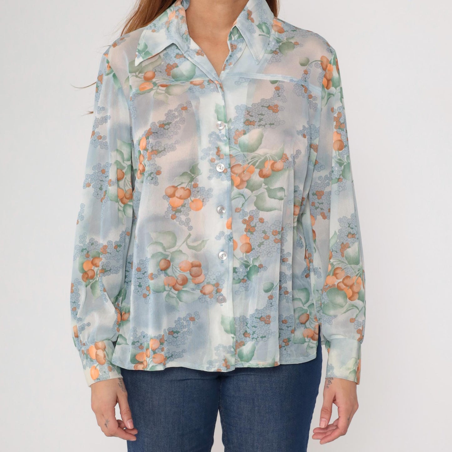70s Berry Blouse Sheer Blue Orange Watercolor Floral Button Up Long Sleeve Large L