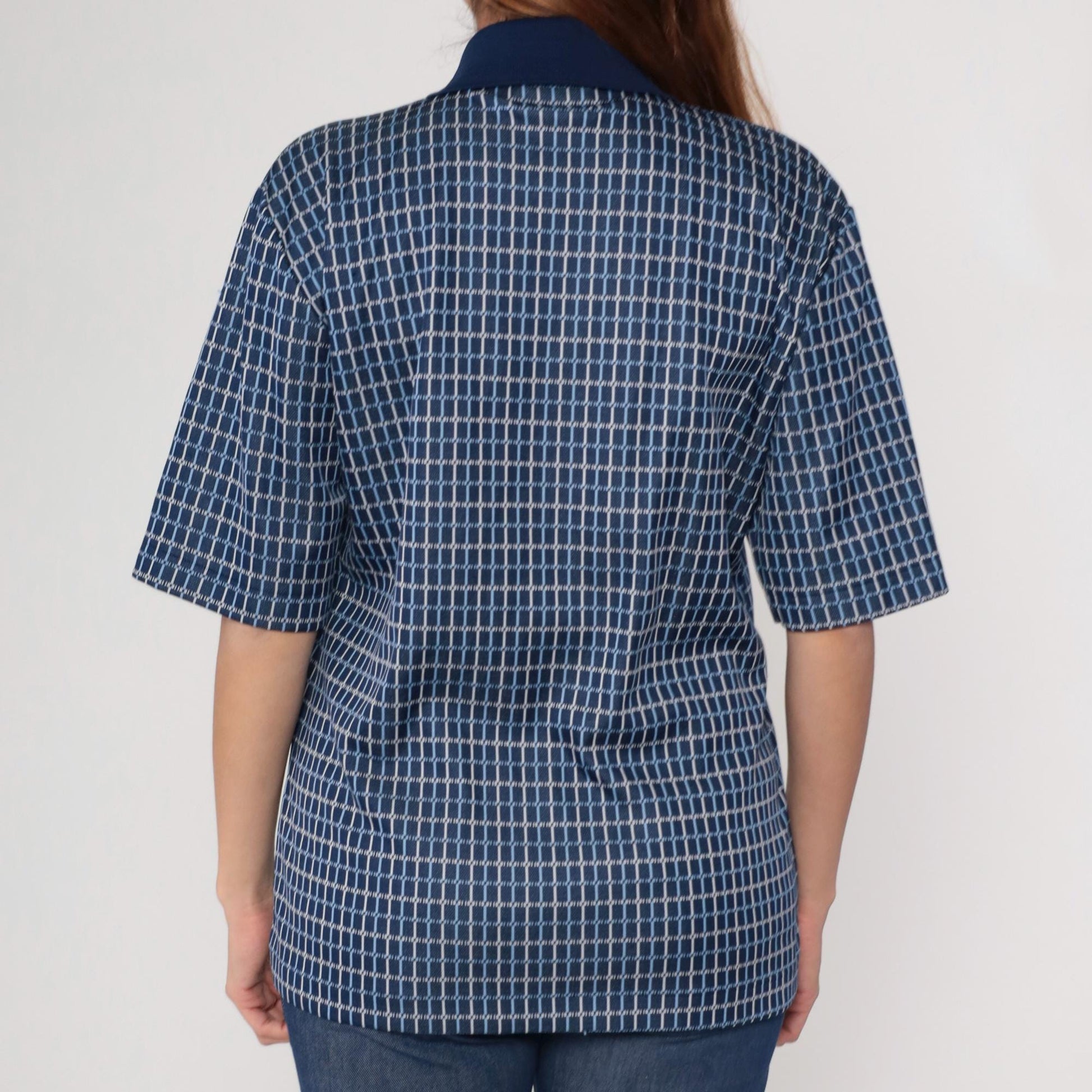 70s Leonardo Strassi Navy Grid Pattern Polo Shirt Short Sleeve Large L