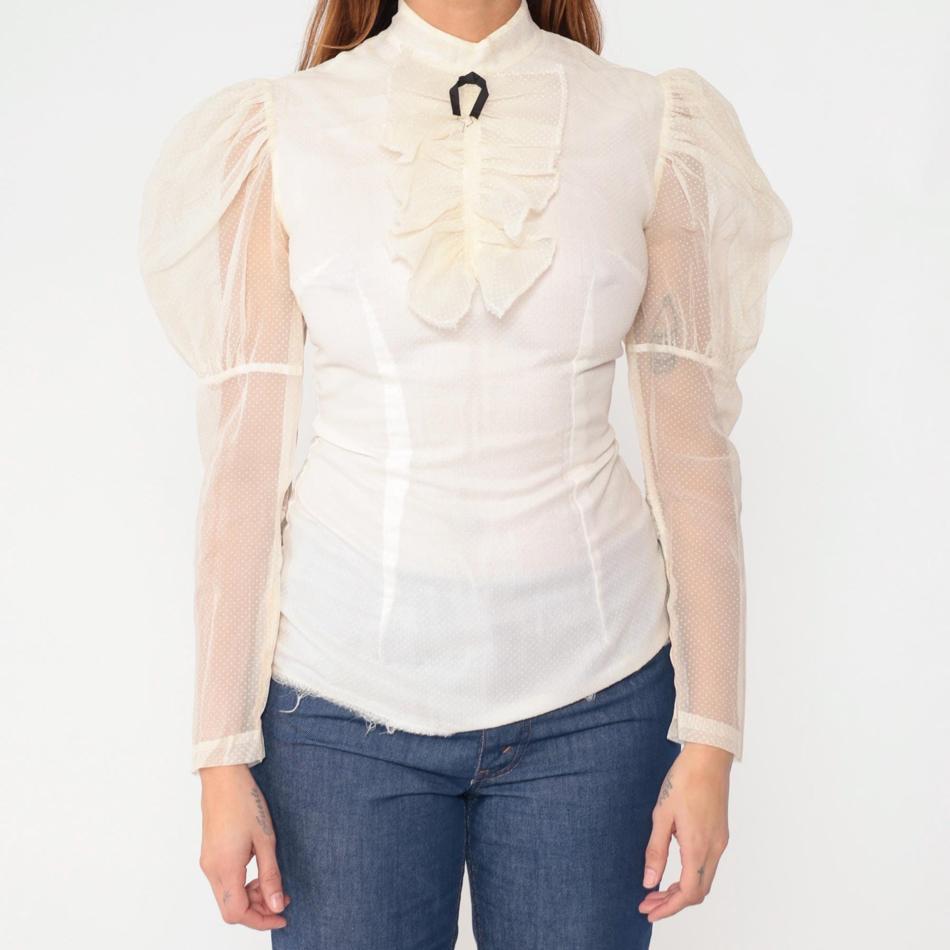 60s White Victorian Blouse Puff Sleeve Ruffle High Neck Bow Tie Small S