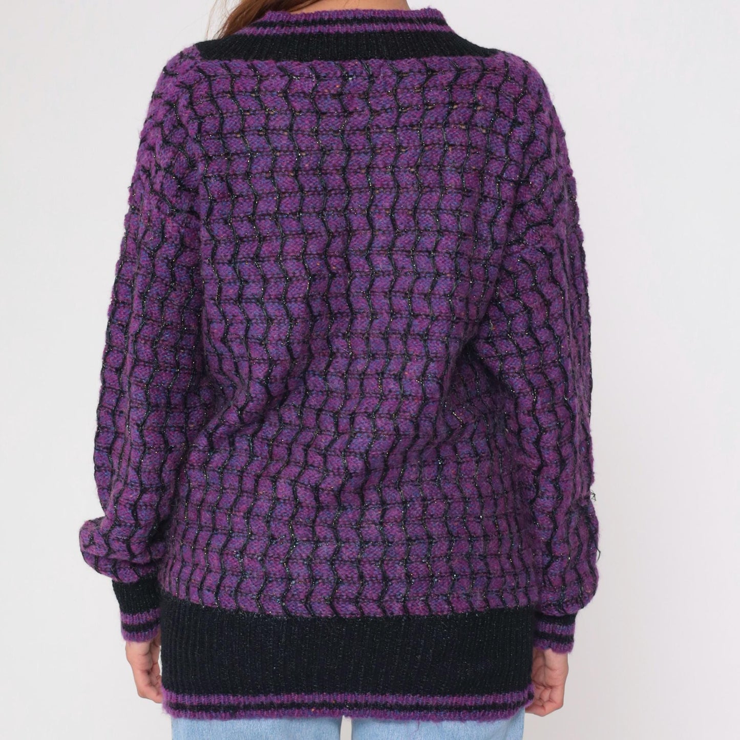 90s Max Bradley Purple Black Deep V Sweater Metallic Knit Large L
