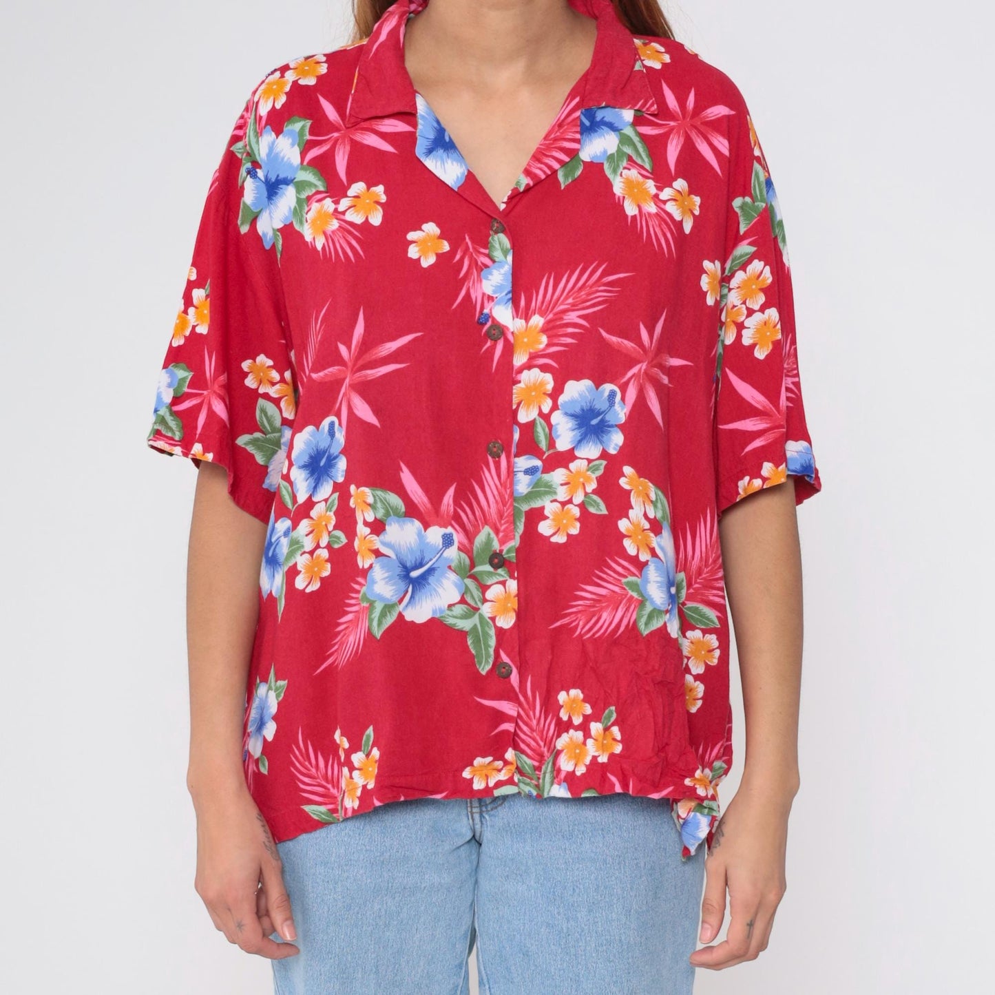 90s Red Tropical Floral Hawaiian Shirt Button-Up Rayon Blouse XL