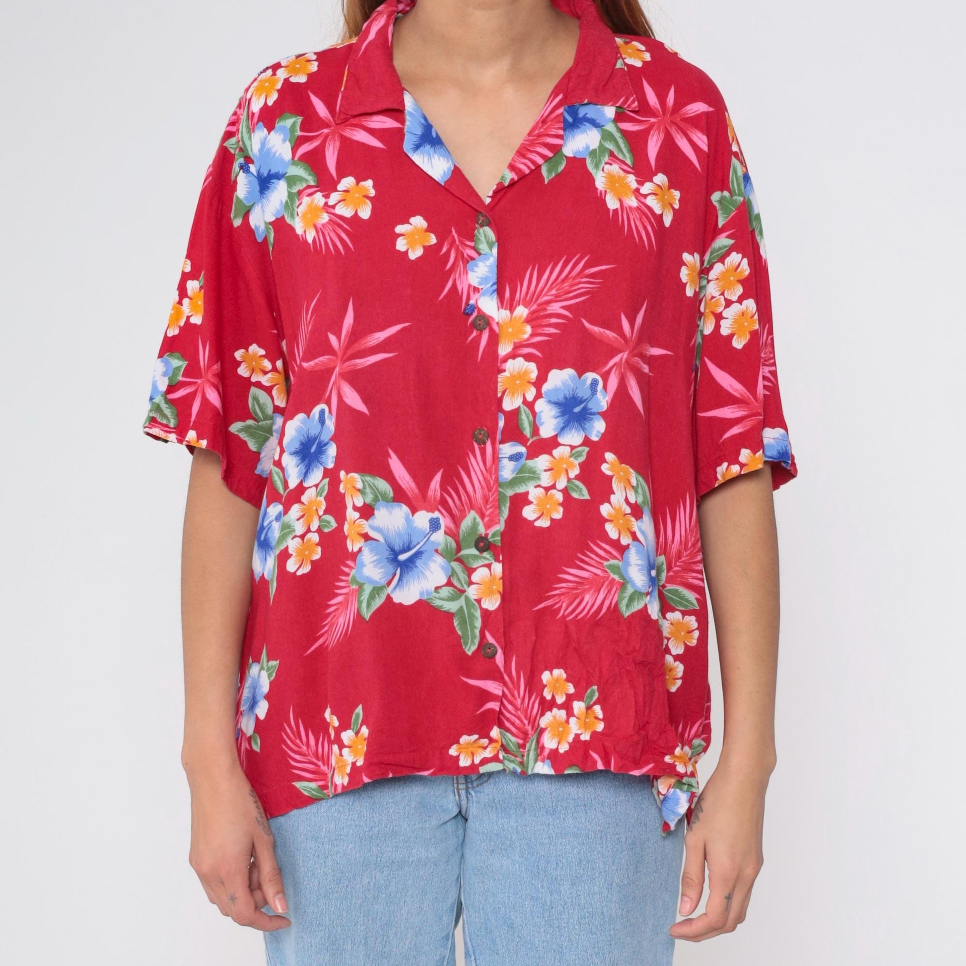 90s Red Tropical Floral Hawaiian Shirt Button-Up Rayon Blouse XL