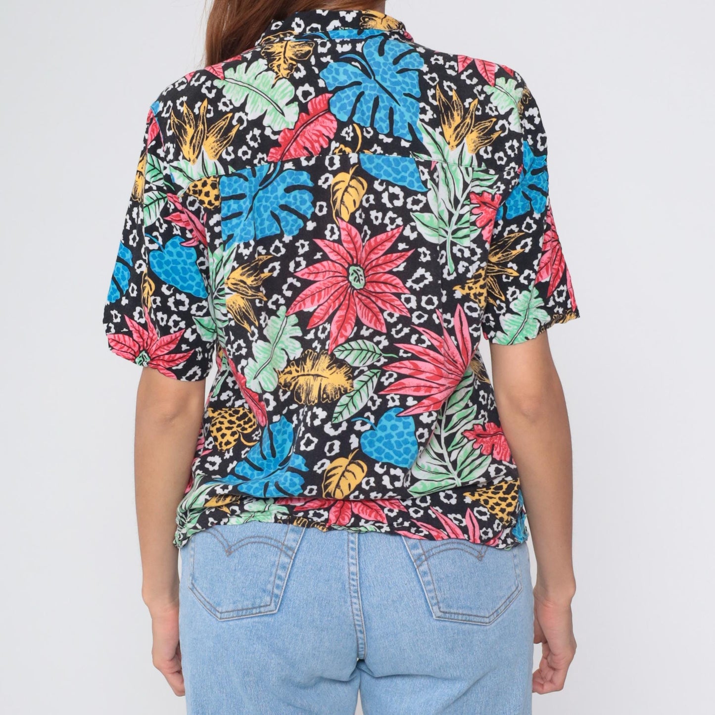 80s Black Hawaiian Shirt Tropical Orchid Floral Rayon Button Up Large