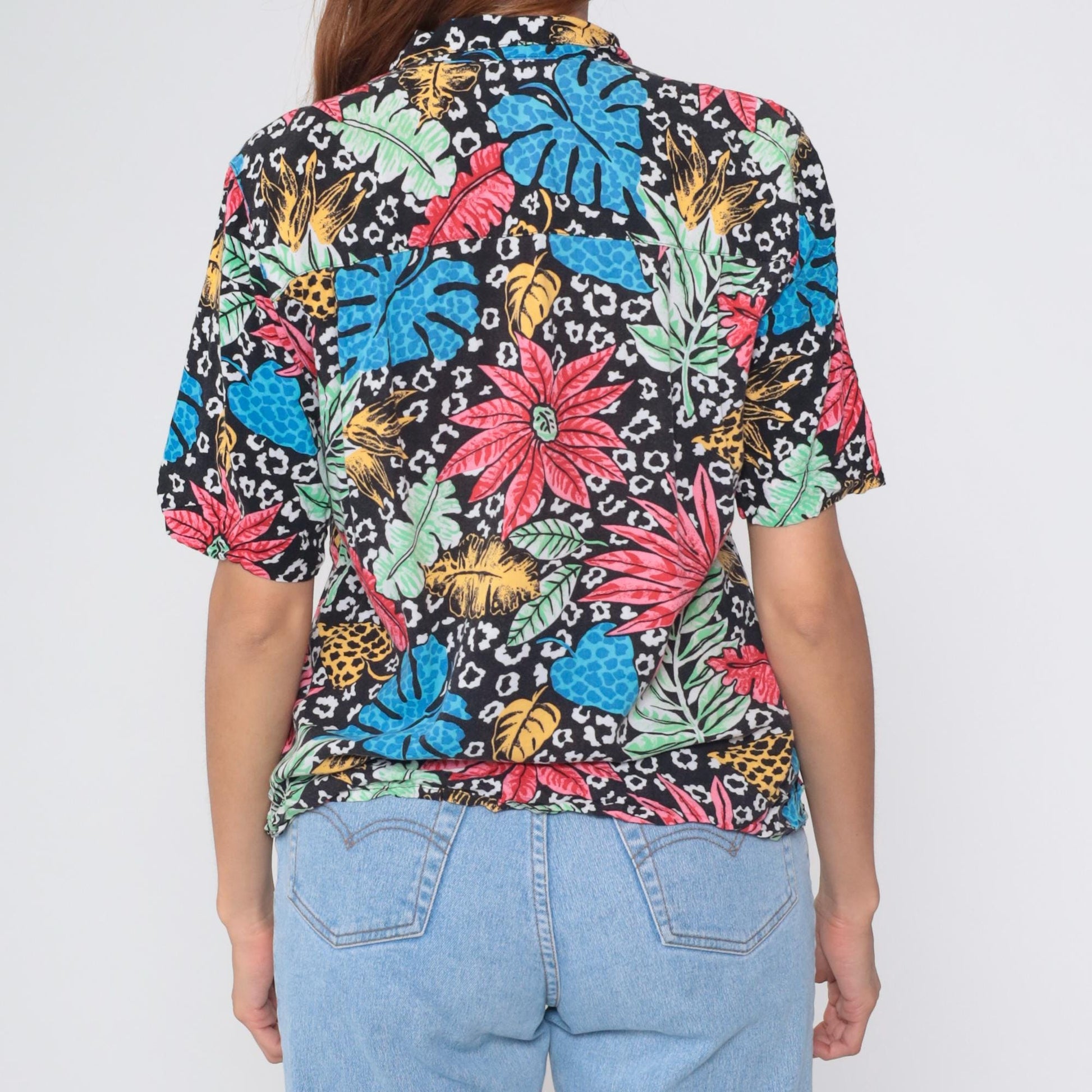 80s Black Hawaiian Shirt Tropical Orchid Floral Rayon Button Up Large