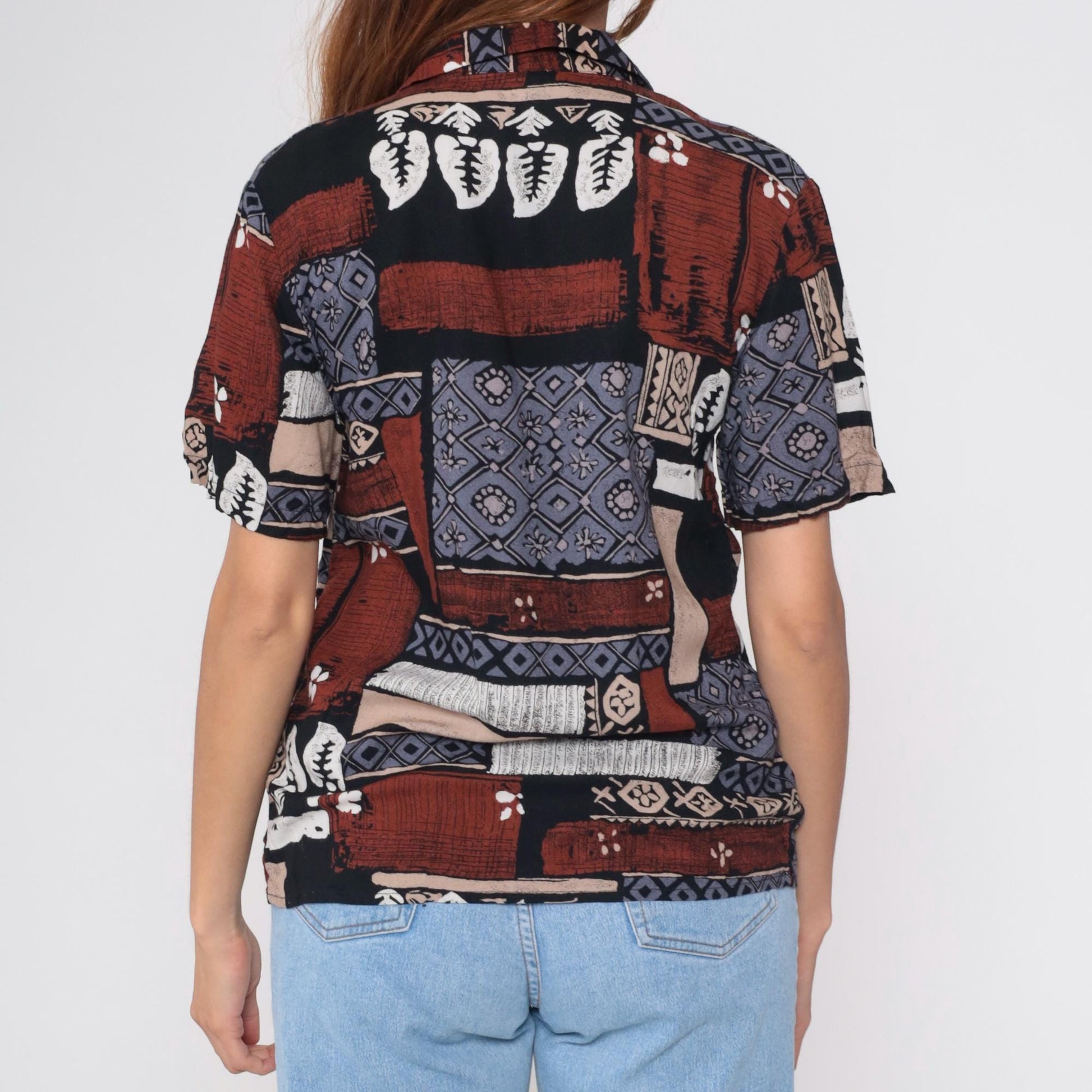 90s Radcliffe Batik Geometric Print Button Blouse Rust Blue Black Medium M