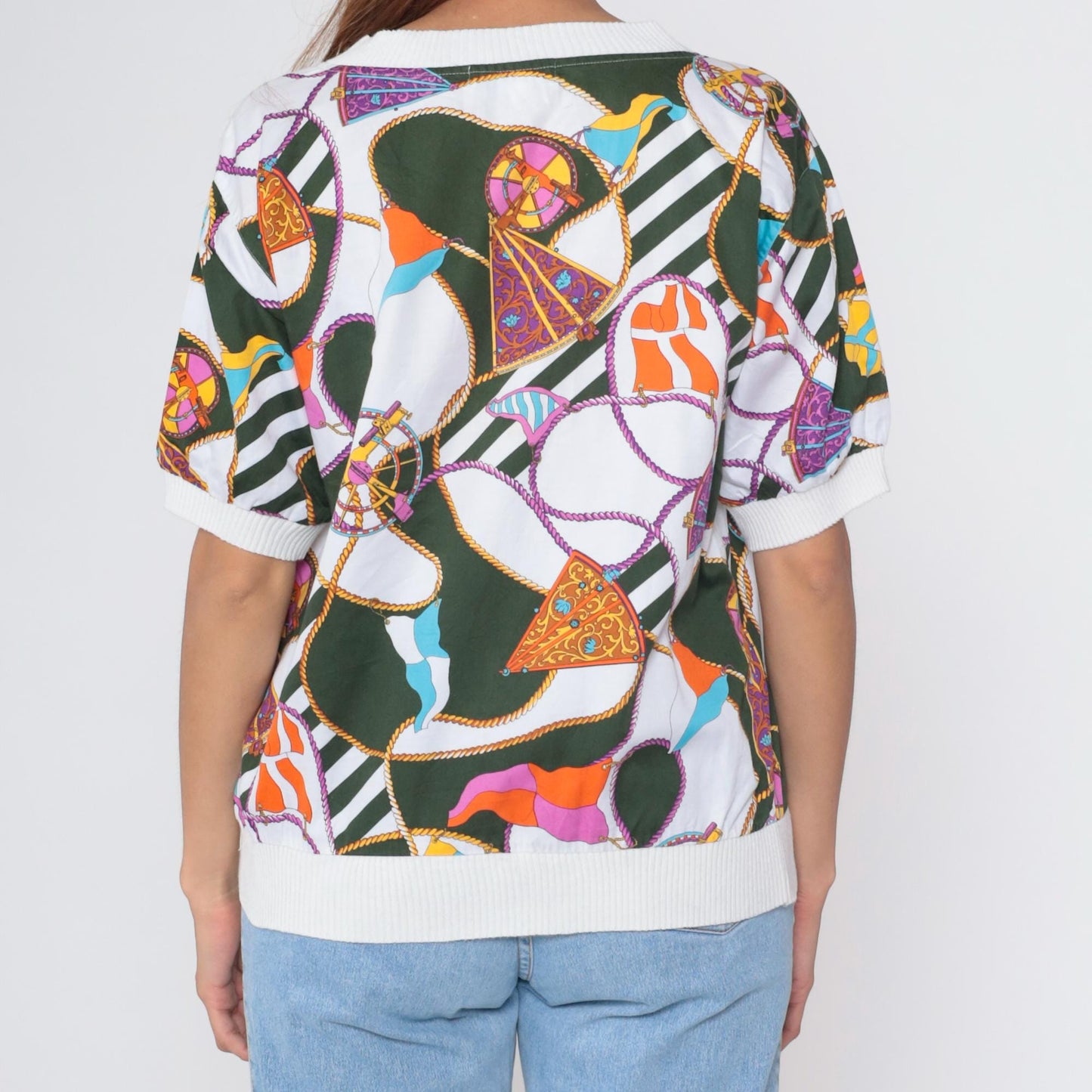90s Boutique J&J Nautical Scarf Print Shirt Green Orange White Large L