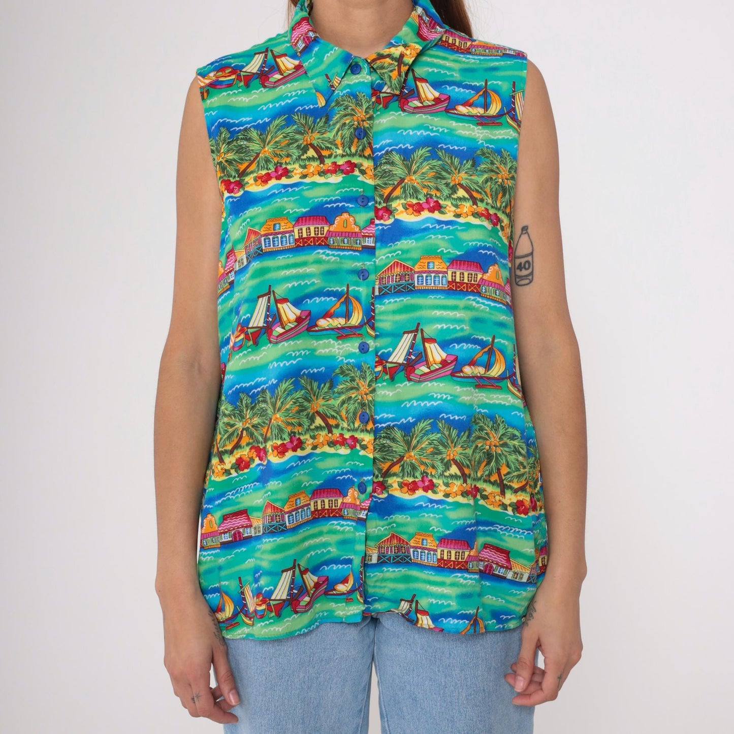90s Caribou Tropical Island Sleeveless Shirt Teal Sailing Boat Print Extra Large