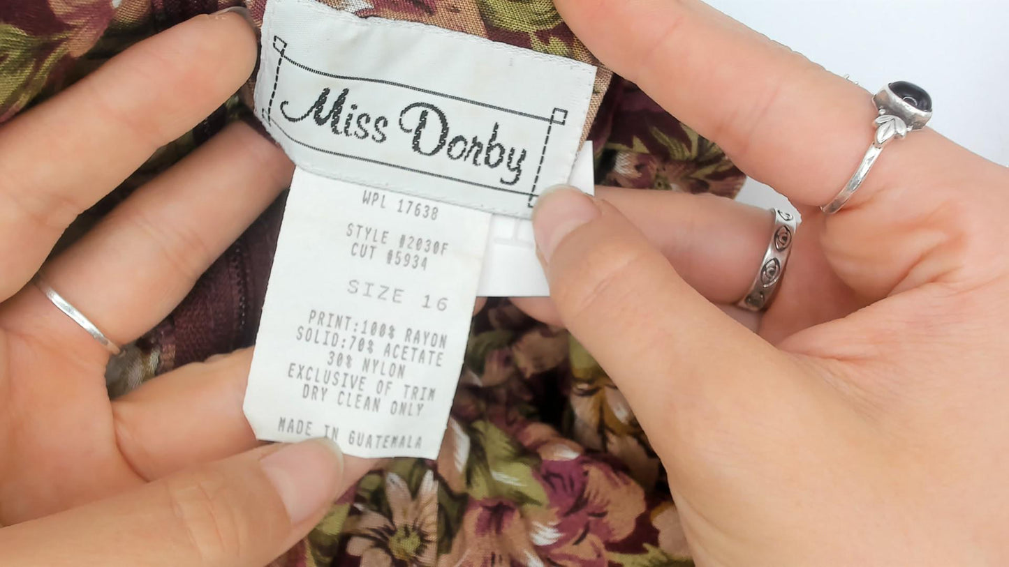 90s Miss Dorby Floral Velvet Midi Dress Burgundy Rose Long Sleeve Large
