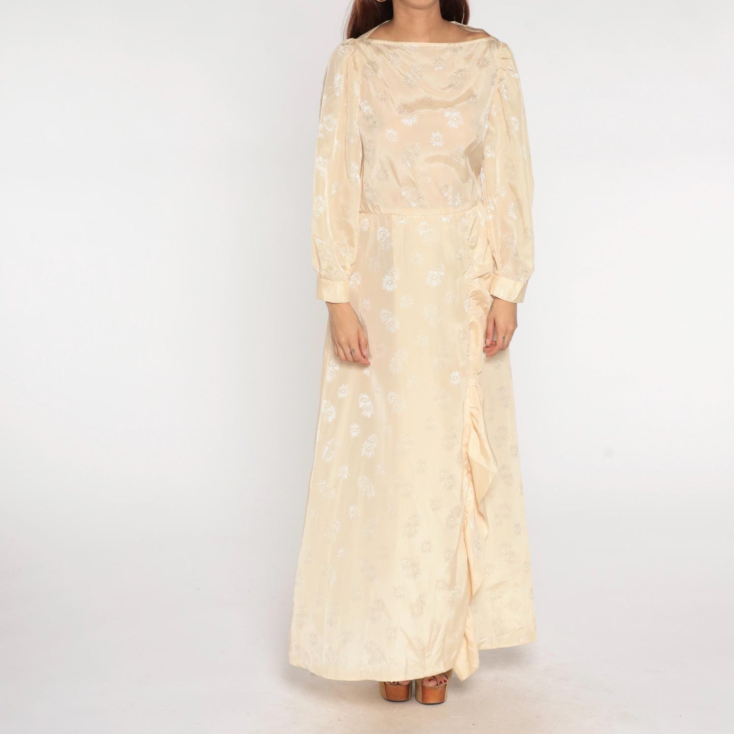 70s Cream Satin Maxi Dress Embroidered Ruffle Slit Bishop Sleeves Small