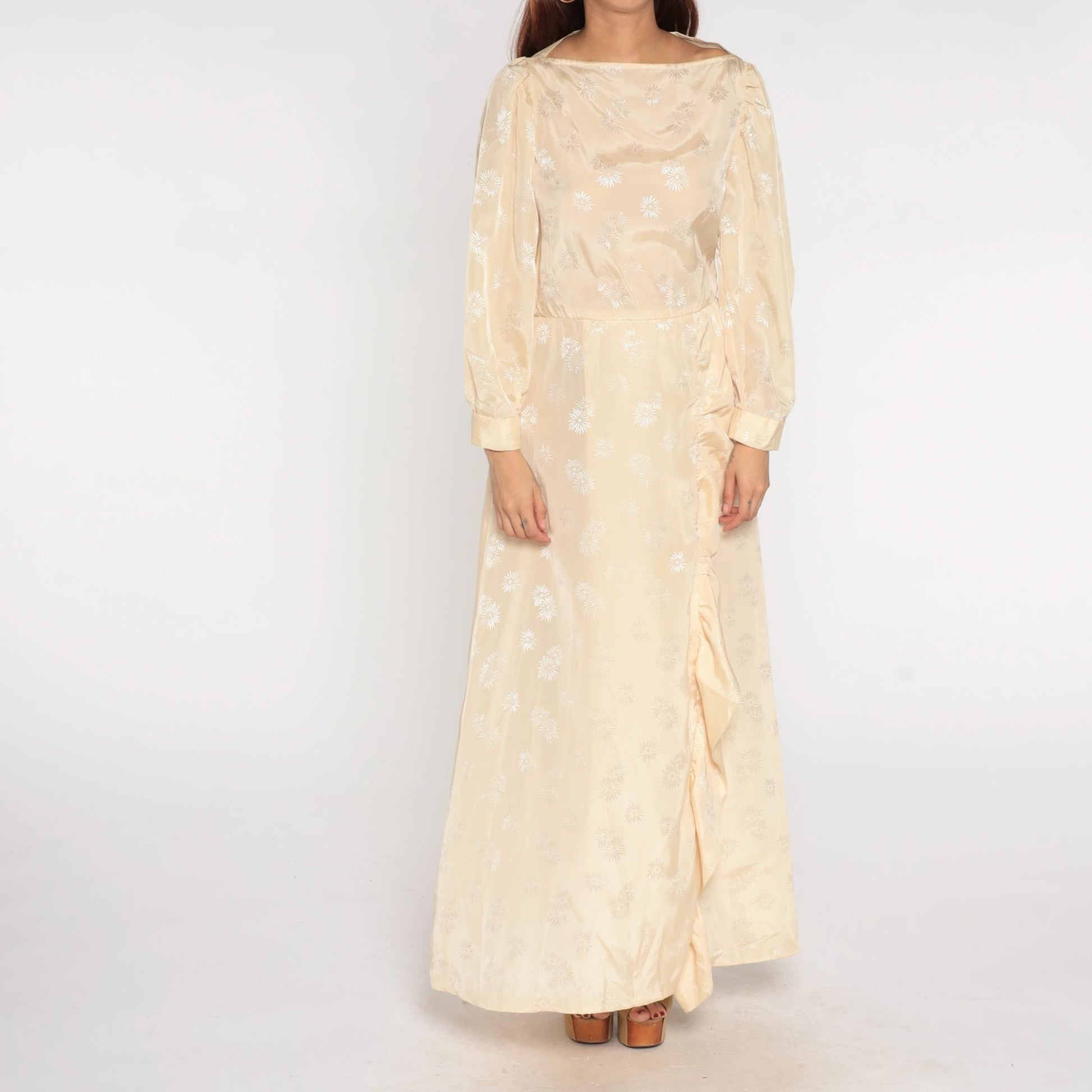 70s Cream Satin Maxi Dress Embroidered Ruffle Slit Bishop Sleeves Small