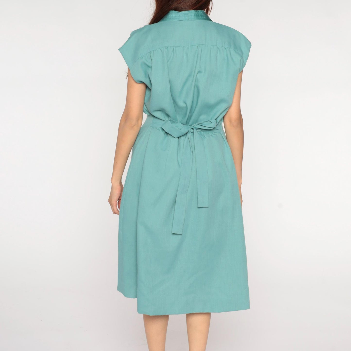 70s Turquoise Blazer Dress Quilted Collar Cap Sleeve Midi Tie Waist Large