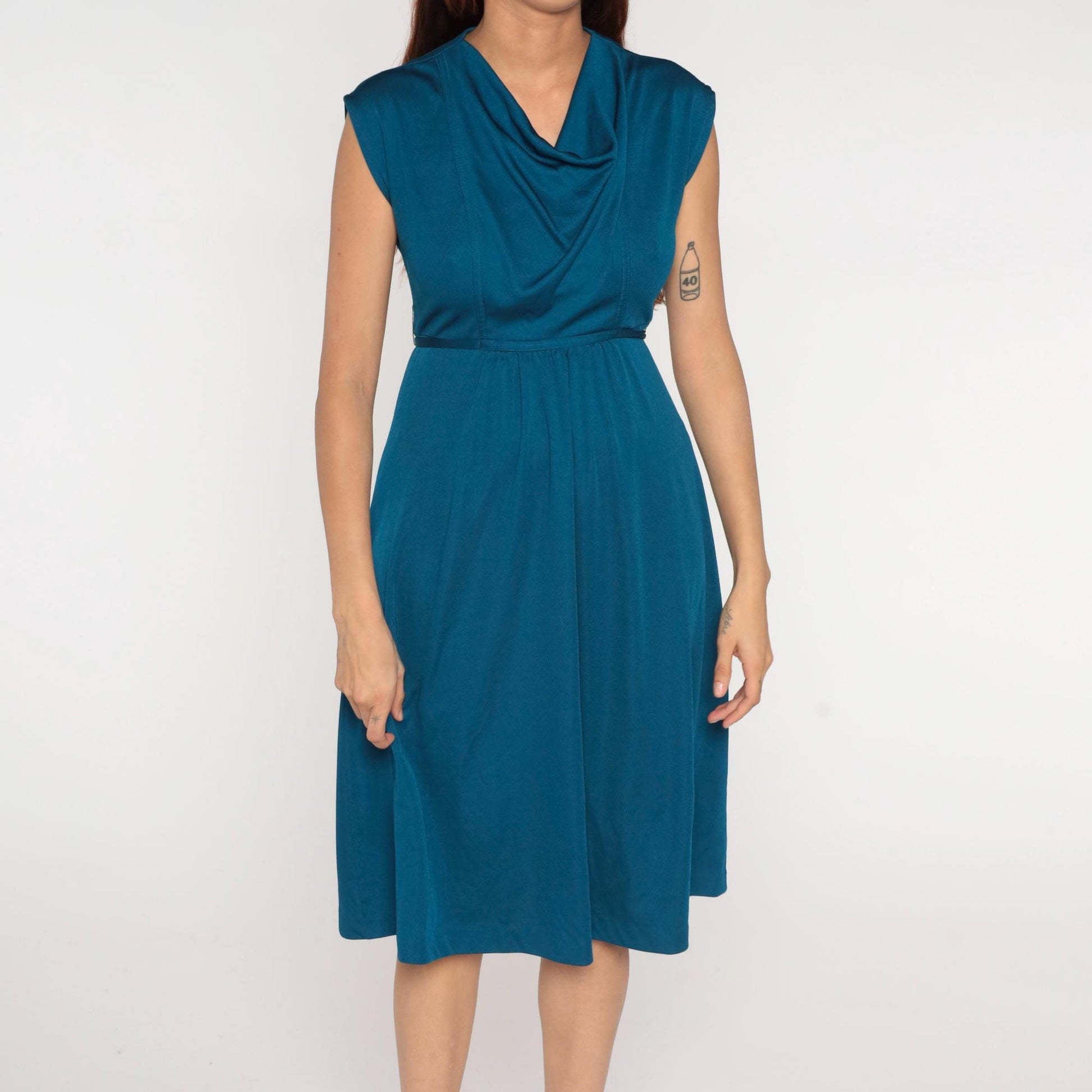 70s Teal Cowl Neck Midi Dress Empire Waist A-line Sleeveless Small