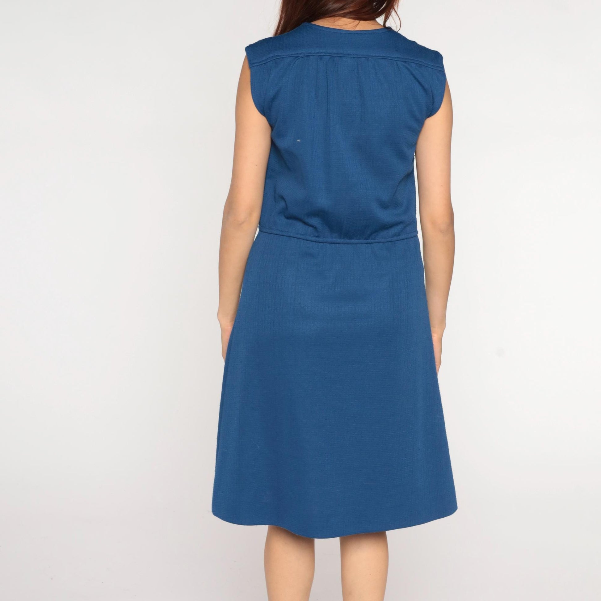 70s Royal Blue A-Line Dress Sleeveless V-Neck Front Slit Medium