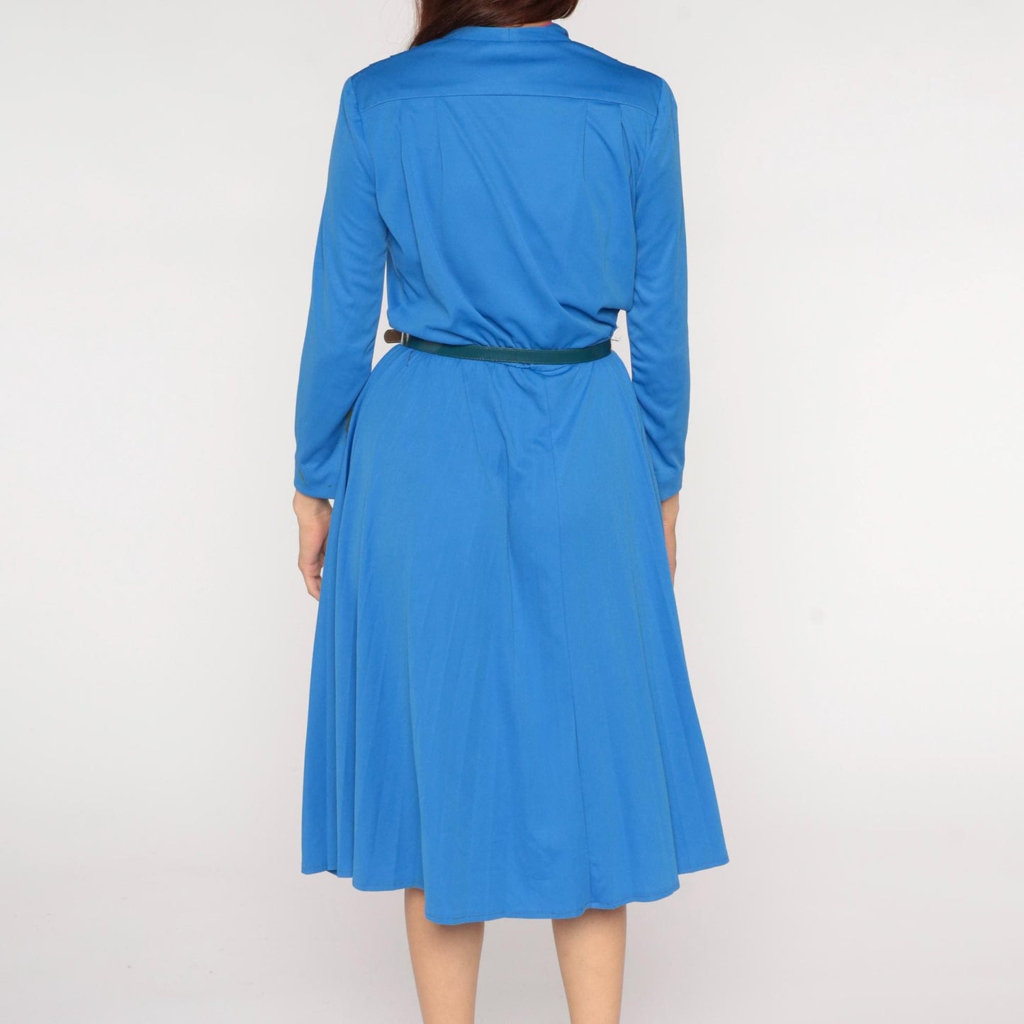 70s Royal Blue Midi Dress Red Piping Notch Collar Pleated Skirt Belt Medium Large
