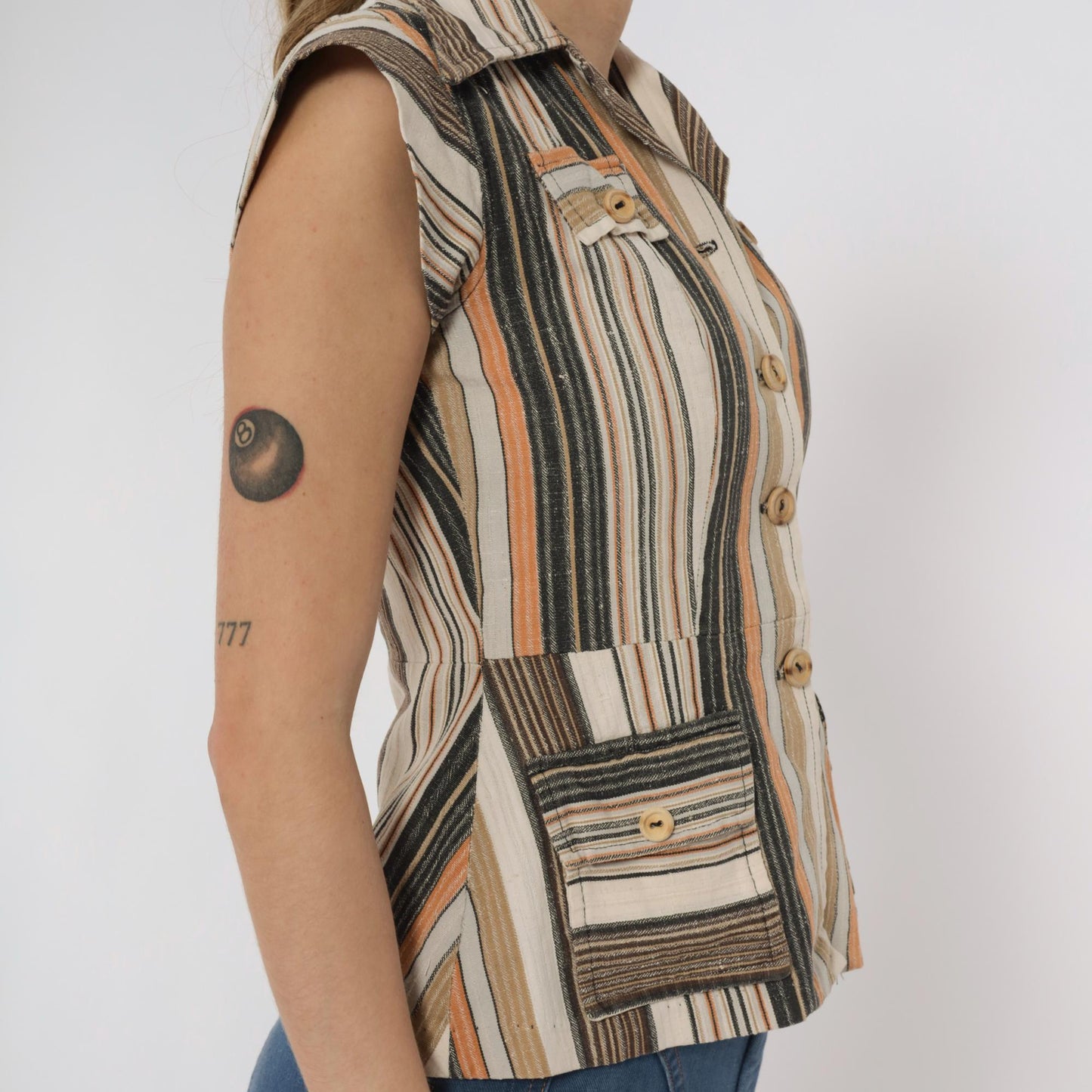 70s Earth Tone Striped Button-Front Blouse Cap Sleeve Pointed Collar XS