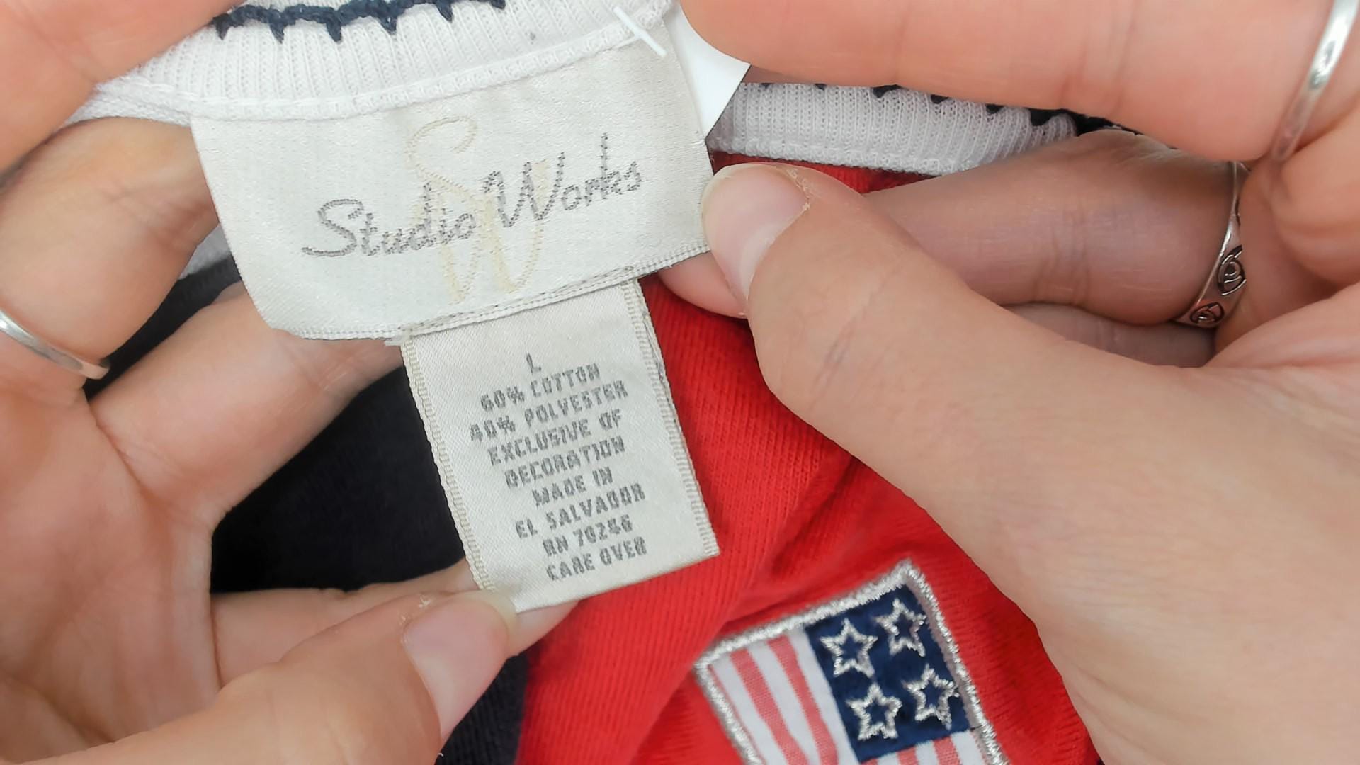 90s Studio Works American Flag Colorblock T-Shirt Red White Navy Large L