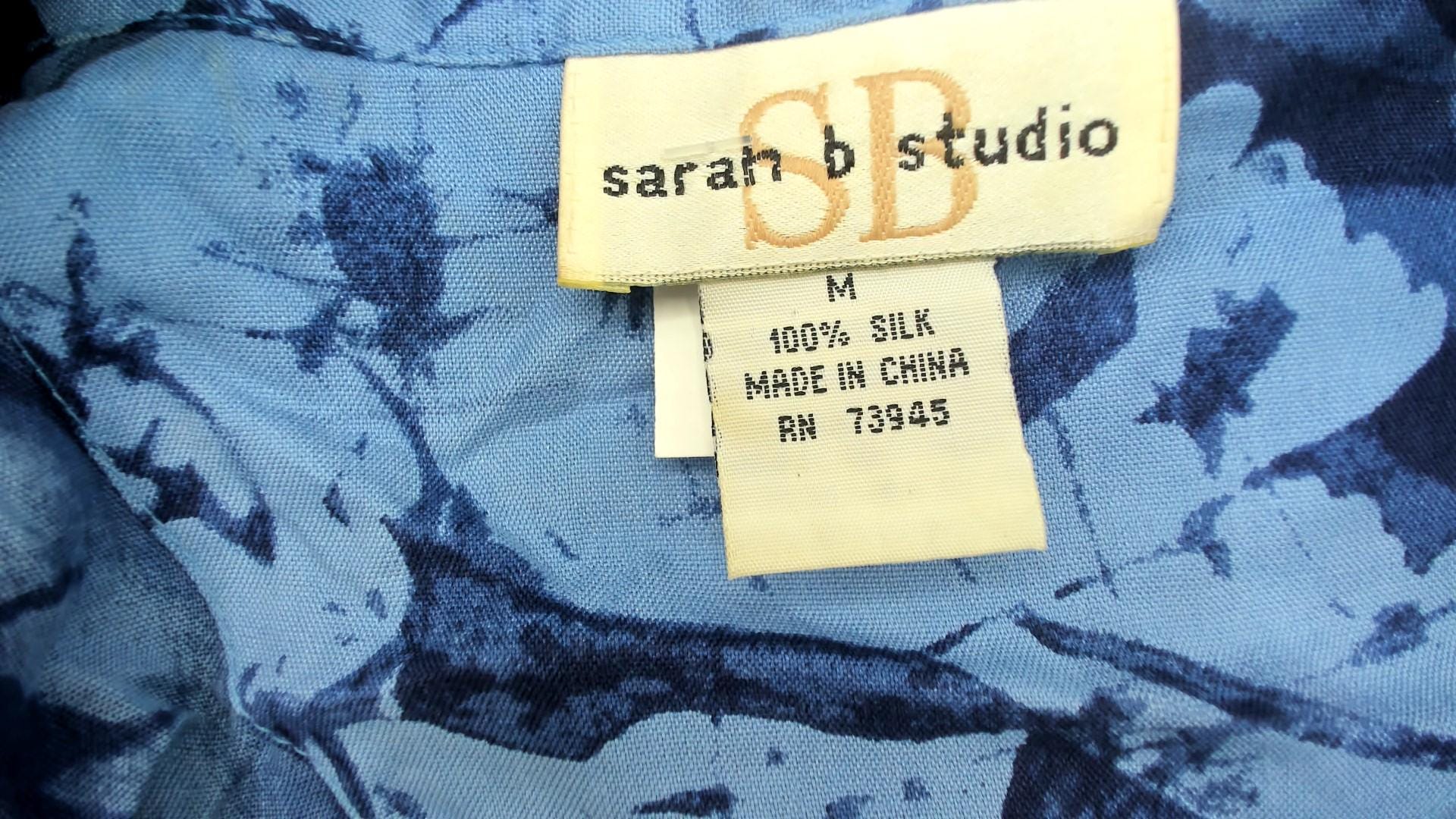 Y2K Blue Silk Crop Top Tropical Leaf Print Tie Front Collared Blouse Medium M