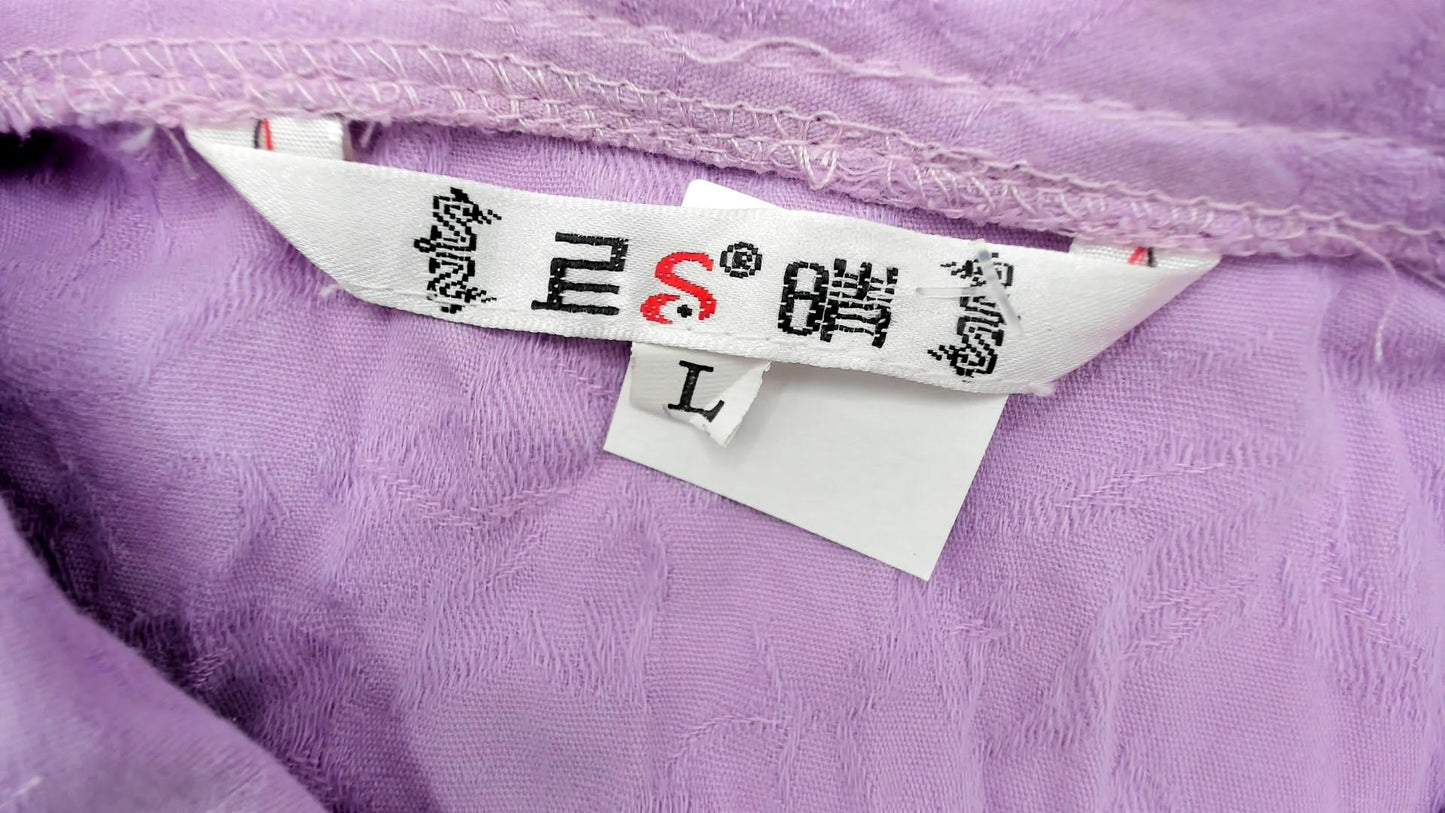 Y2K Lotus Flower Silk Henley Top Lavender Purple Piping Short Sleeve Large L