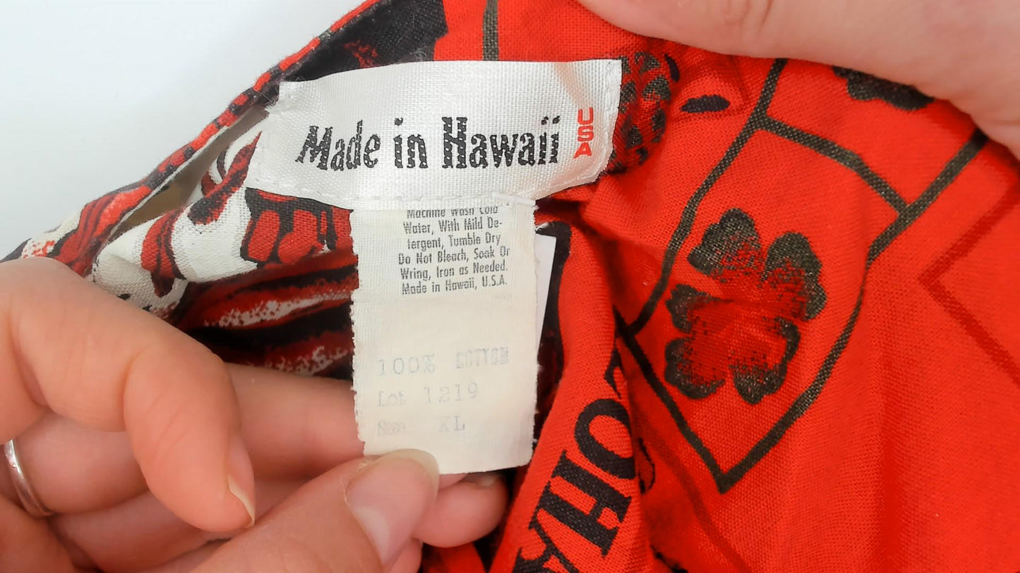 80s Hawaiian Cotton Mini Dress Pineapple Aloha Block Print Red Extra Large