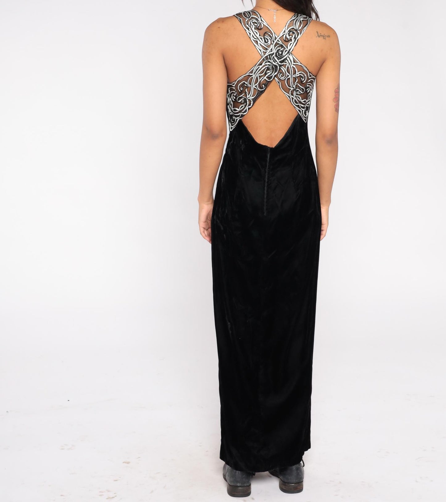 90s Roberta Black Velvet Maxi Gown Silver Embroidered Cross-Back Medium